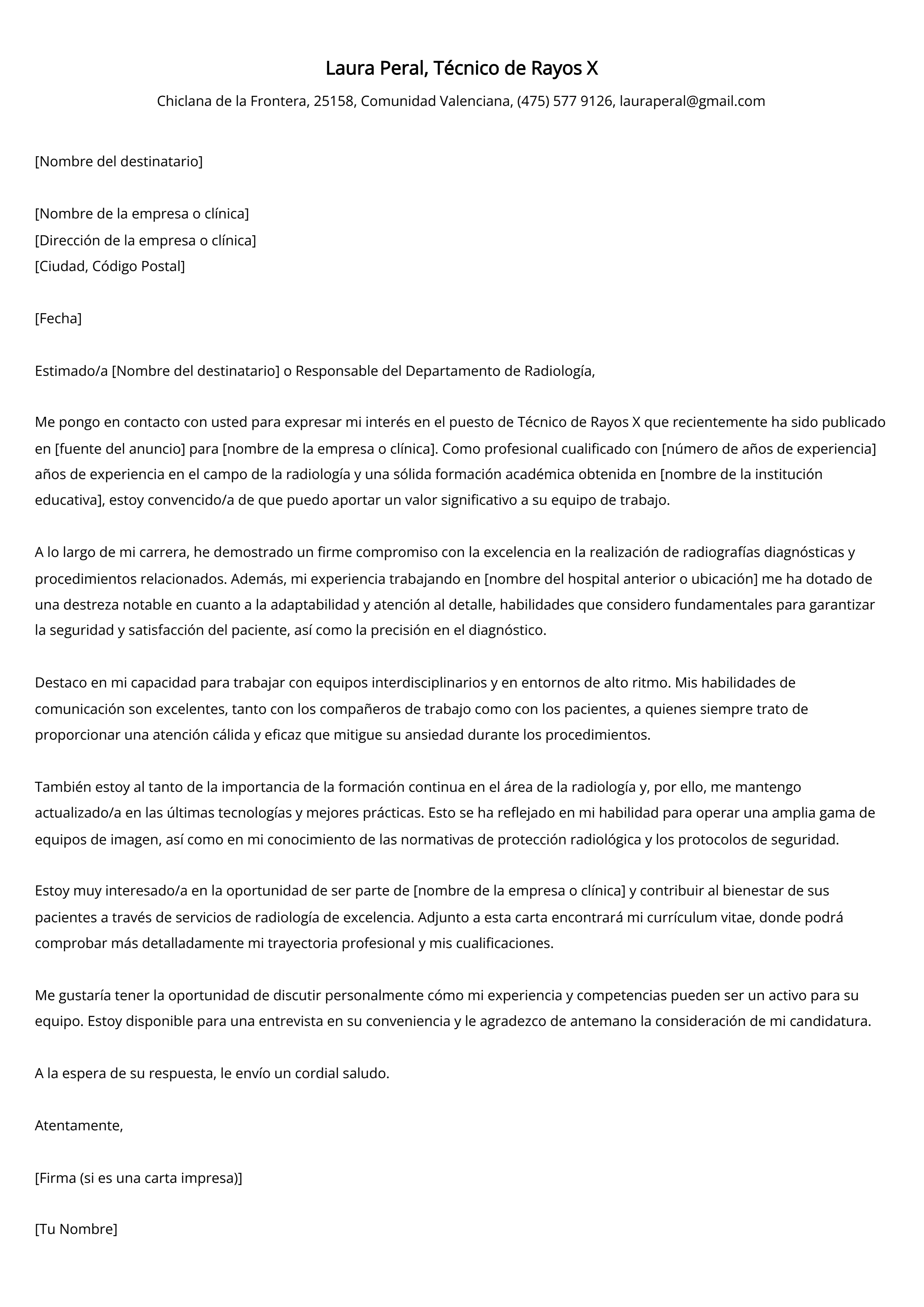 Técnico de Rayos X Cover Letter Example