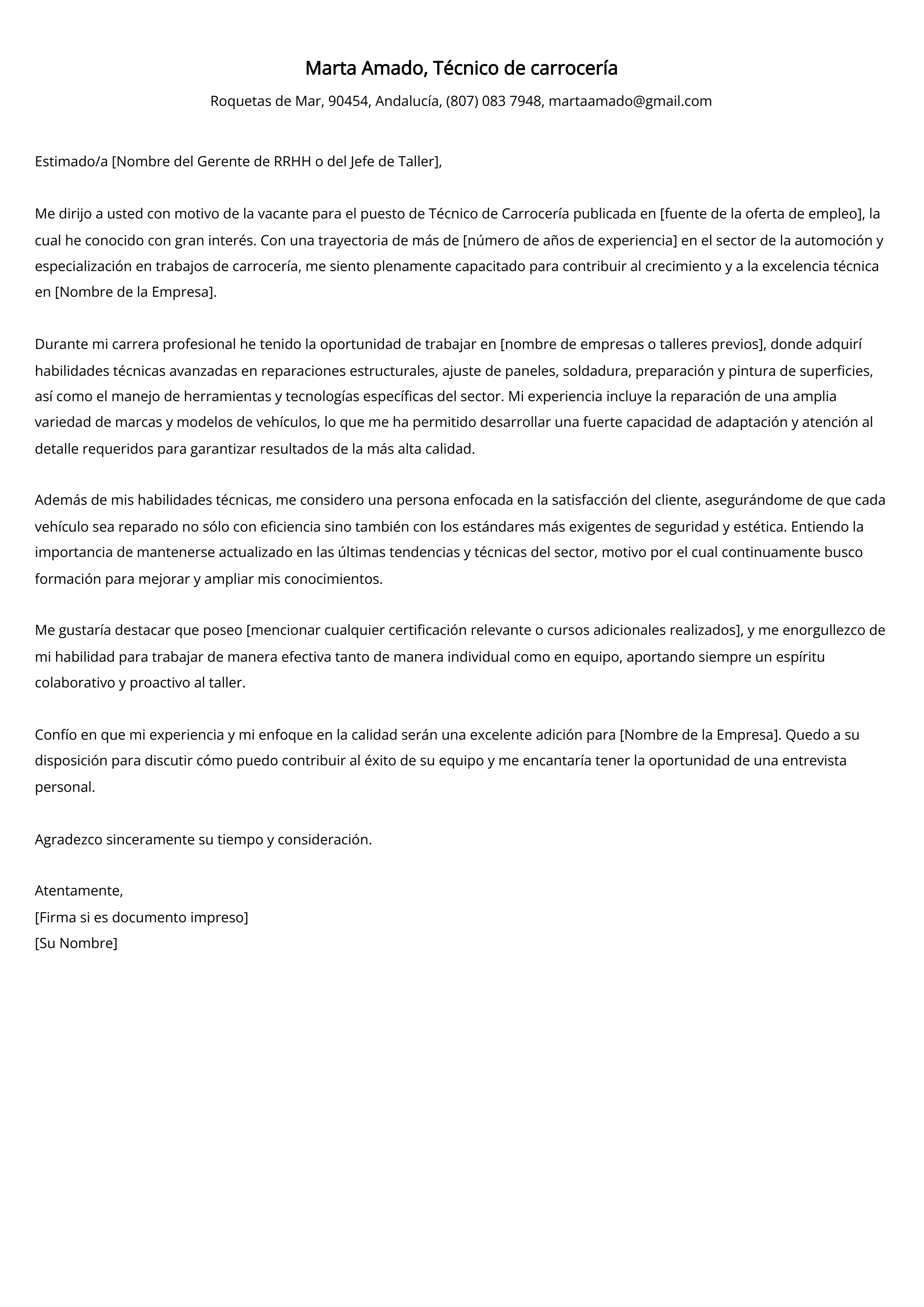 Técnico de carrocería Carta de presentación Ejemplo