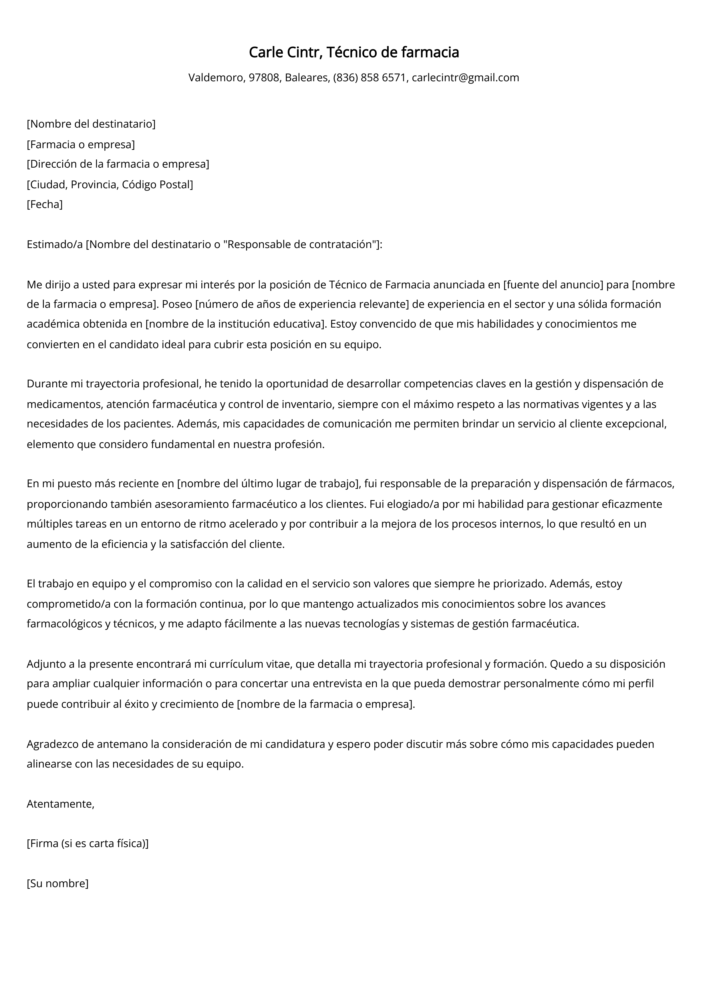 Técnico de farmacia Carta de presentación Ejemplo