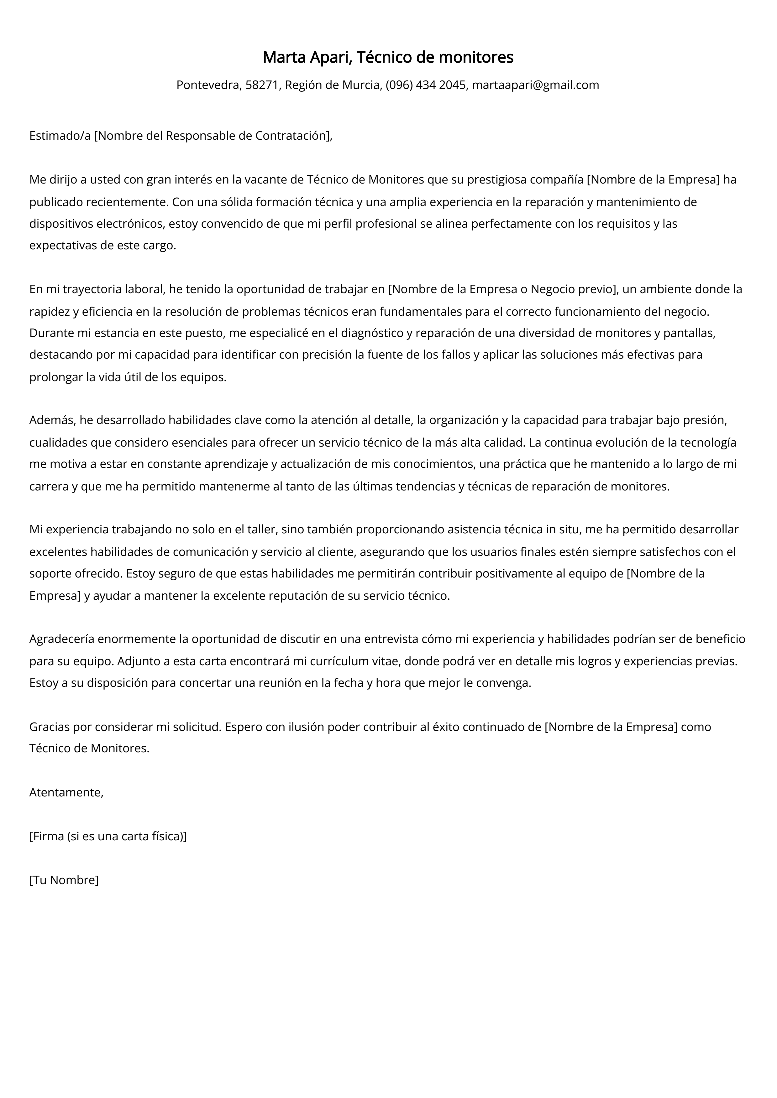 Técnico de monitores Carta de presentación Ejemplo