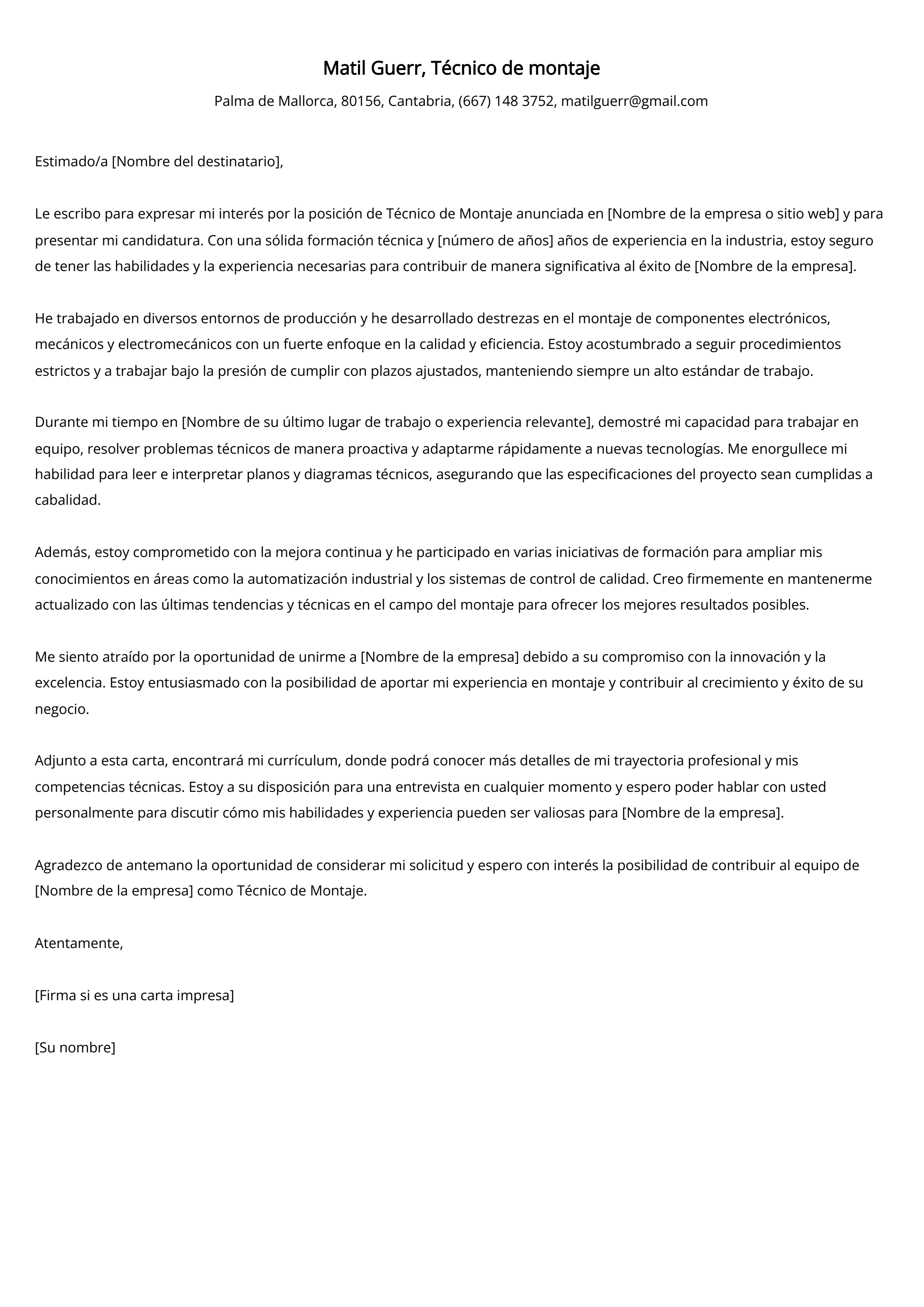 Técnico de montaje Carta de presentación Ejemplo