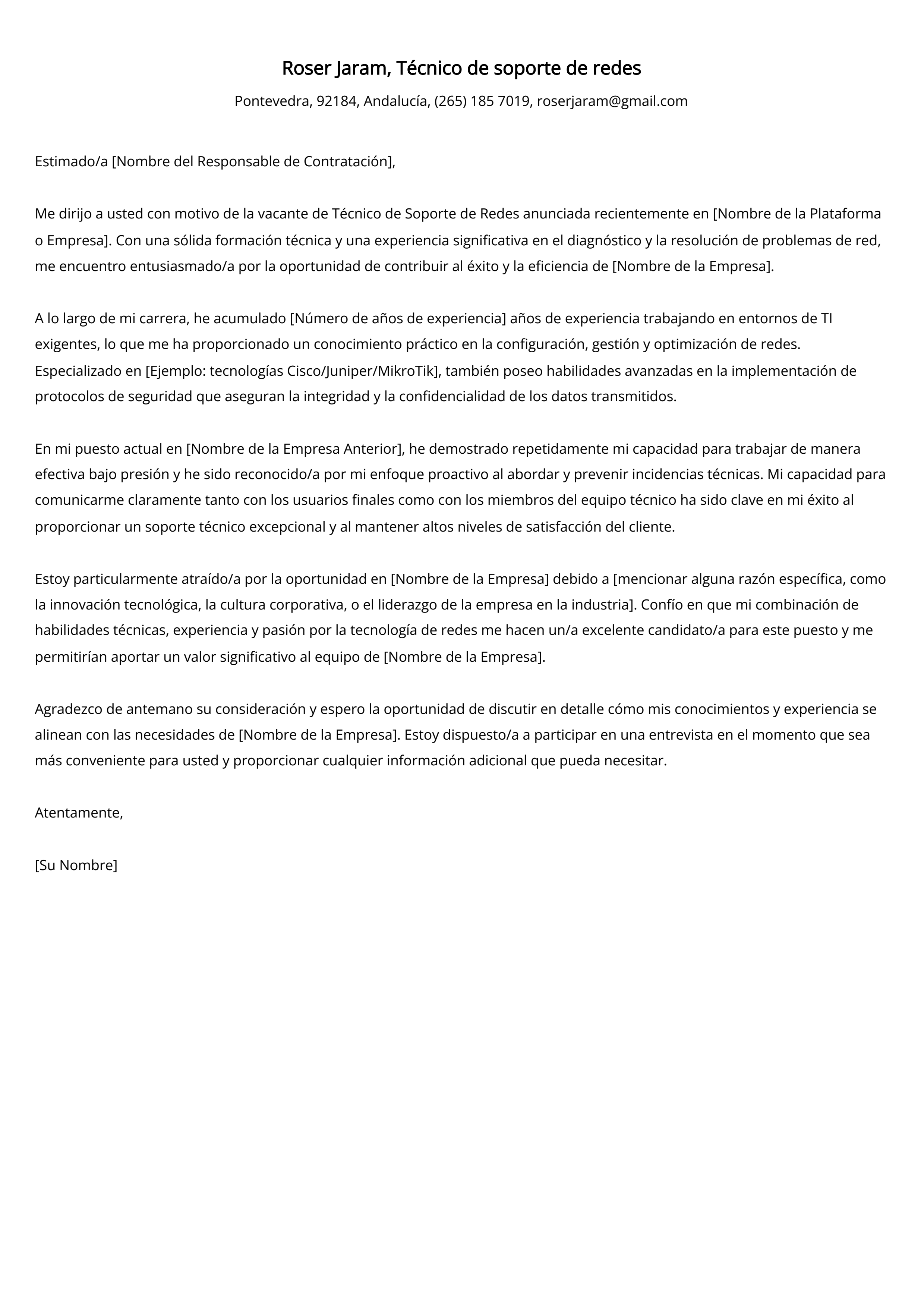 Técnico de soporte de redes Carta de presentación Ejemplo