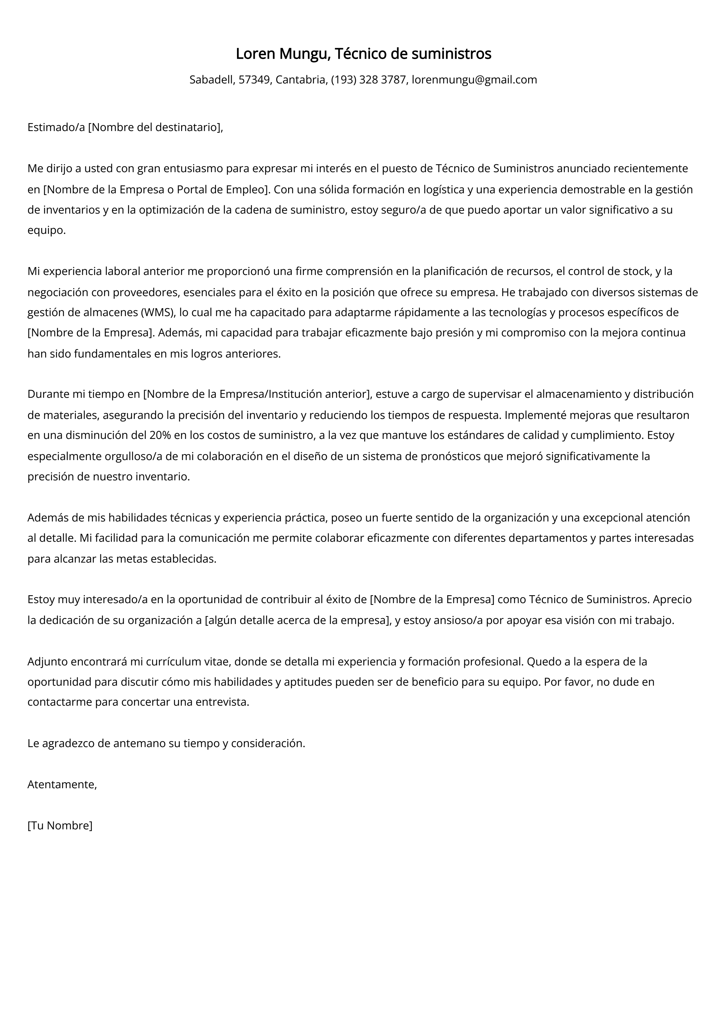 Técnico de suministros Ejemplo de carta de presentación