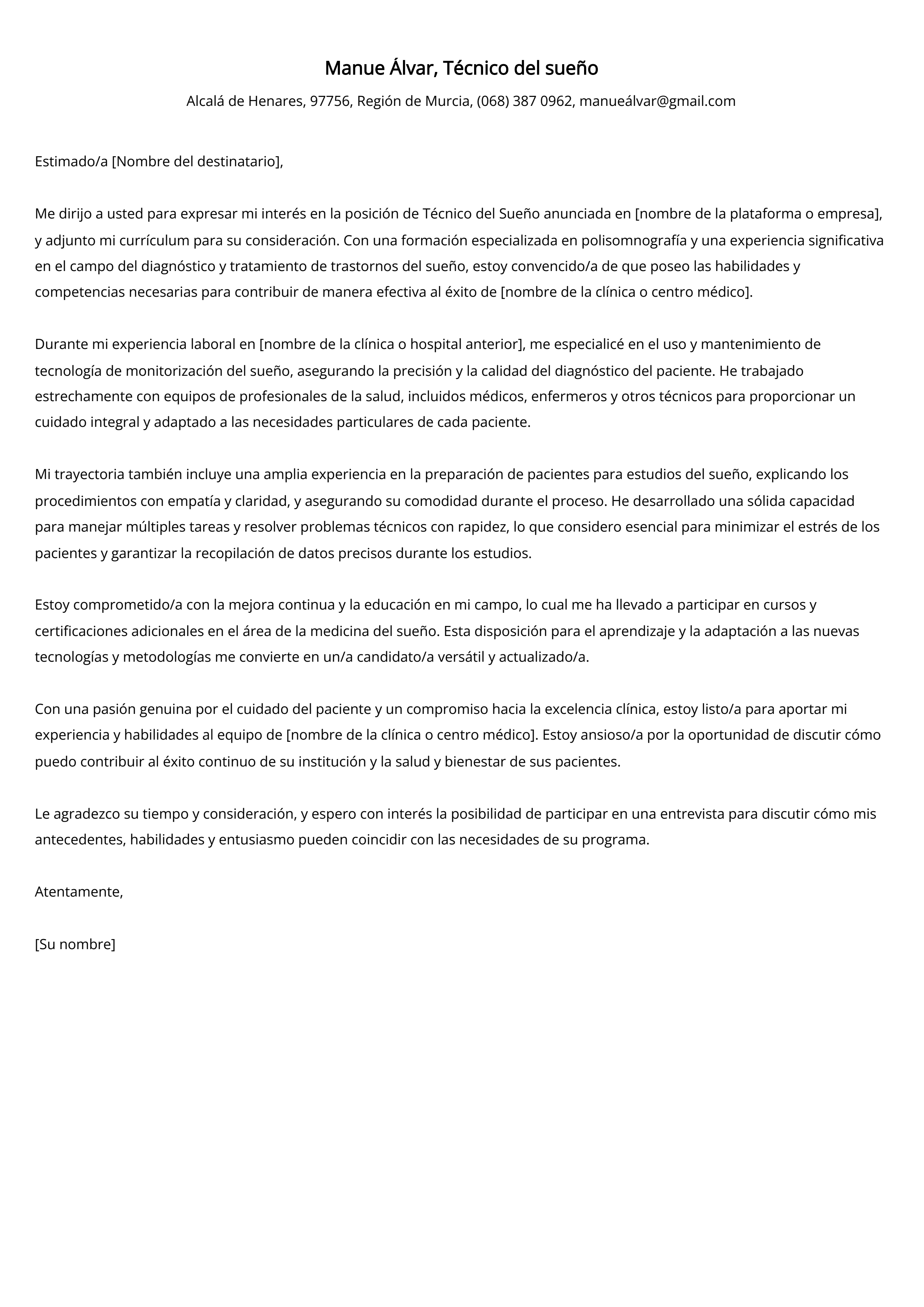 Técnico del sueño Carta de presentación Ejemplo