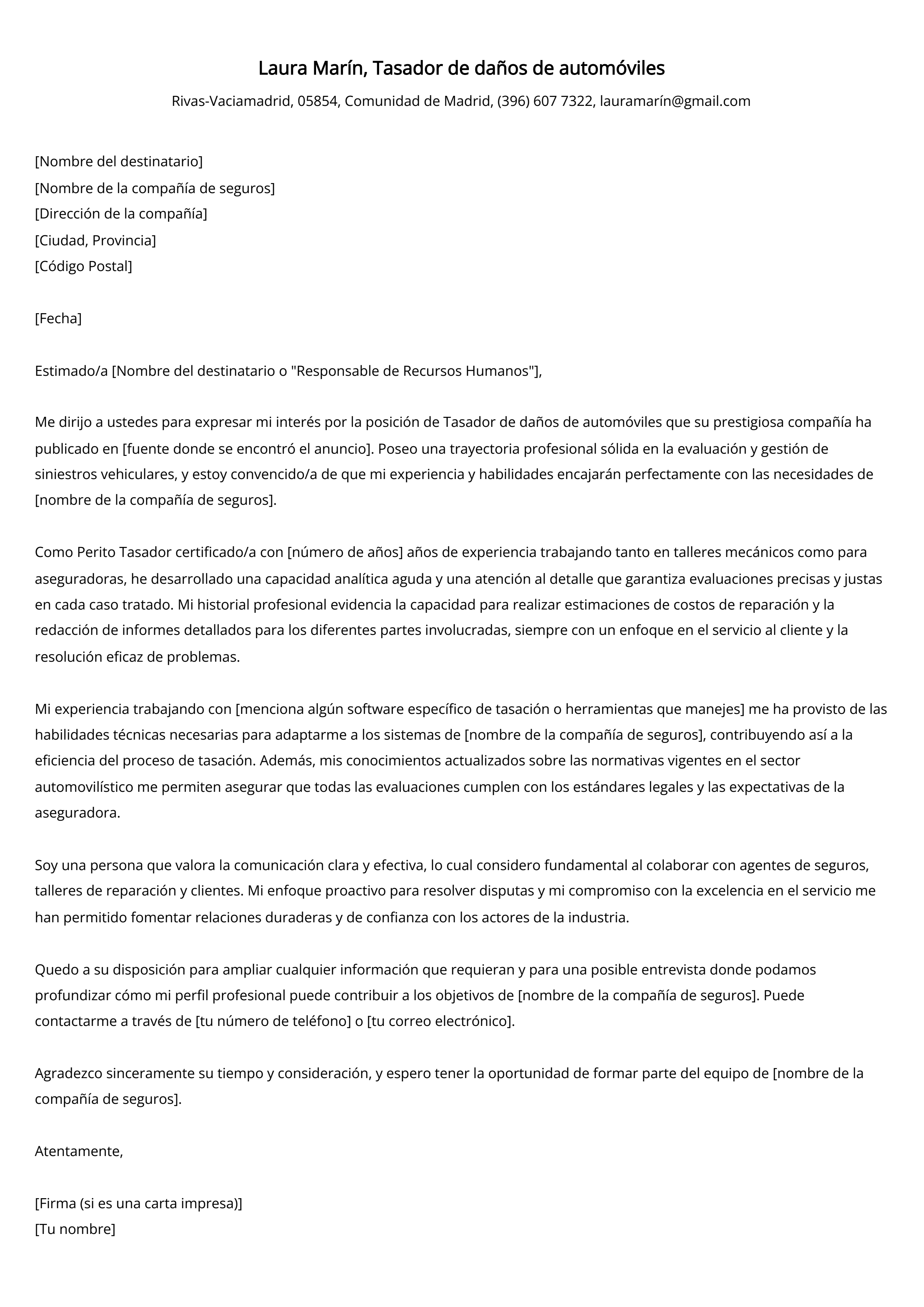 Tasador de daños de automóviles Cover Letter Example