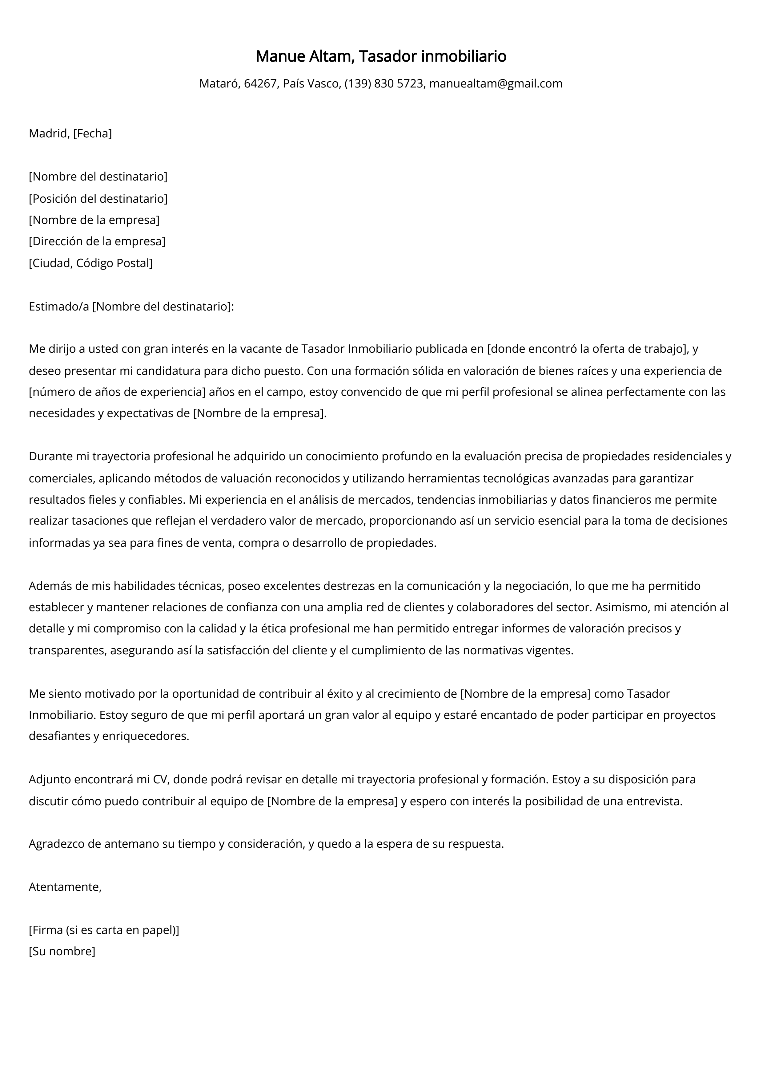 Tasador inmobiliario Carta de presentación Ejemplo