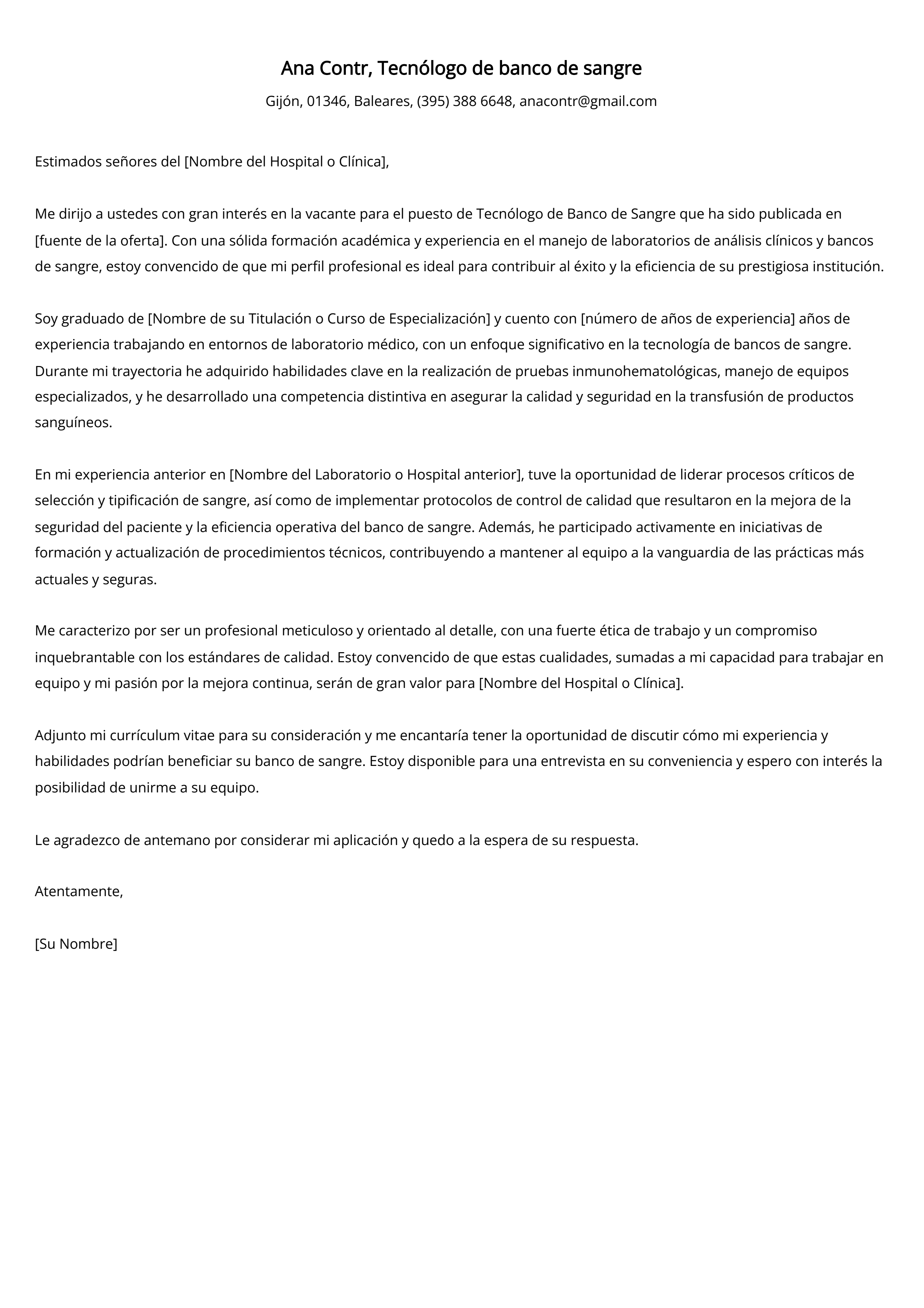 Tecnólogo de banco de sangre Cover Letter Example