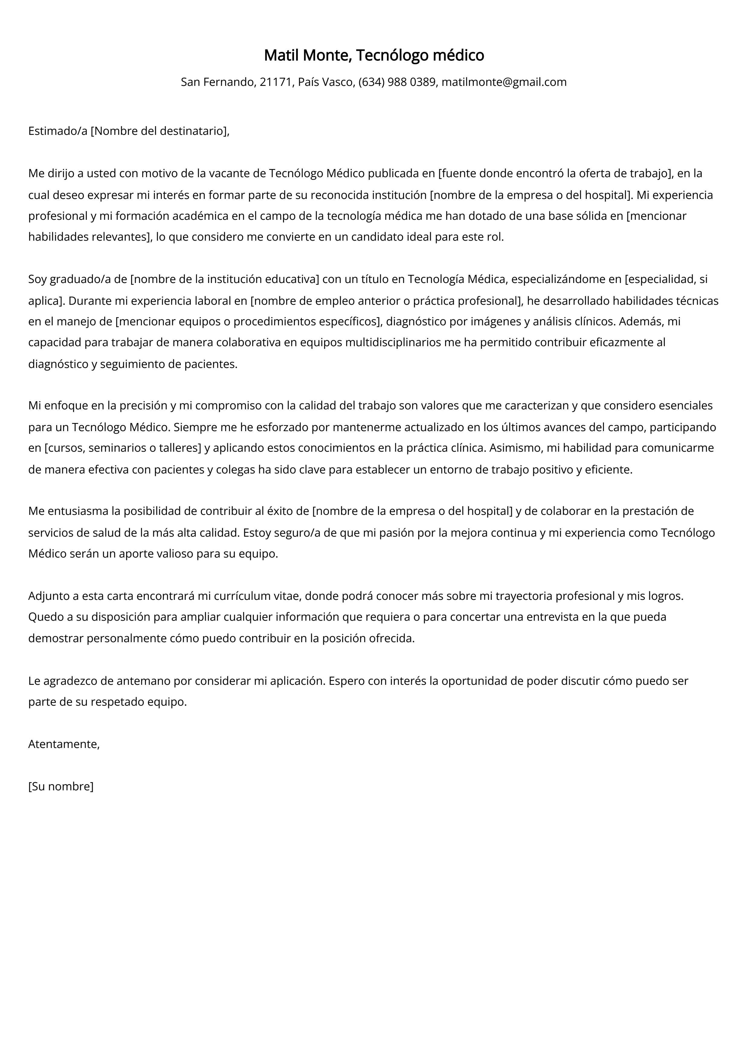 Tecnólogo médico Carta de presentación Ejemplo