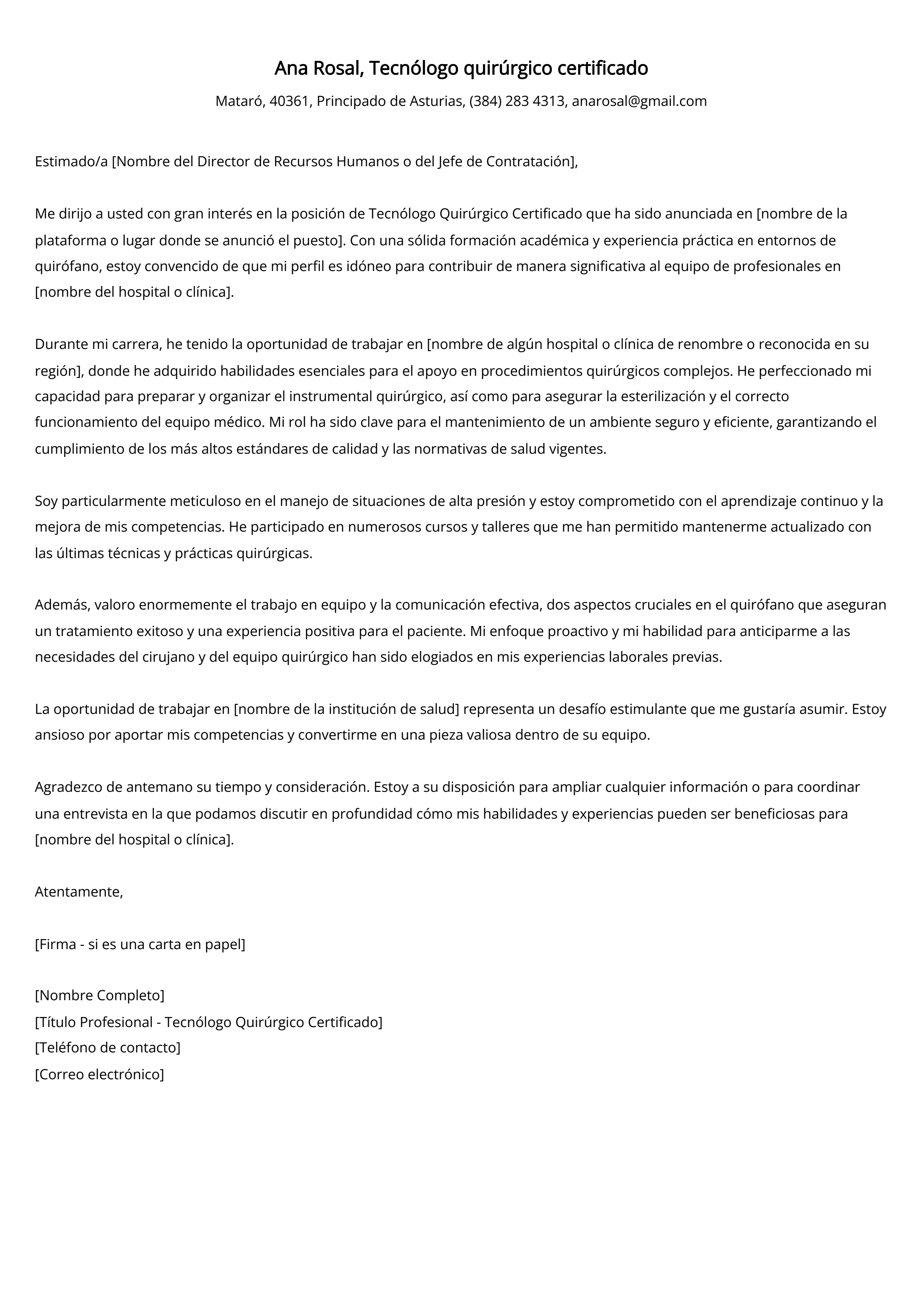 Tecnólogo quirúrgico certificado Carta de presentación Ejemplo