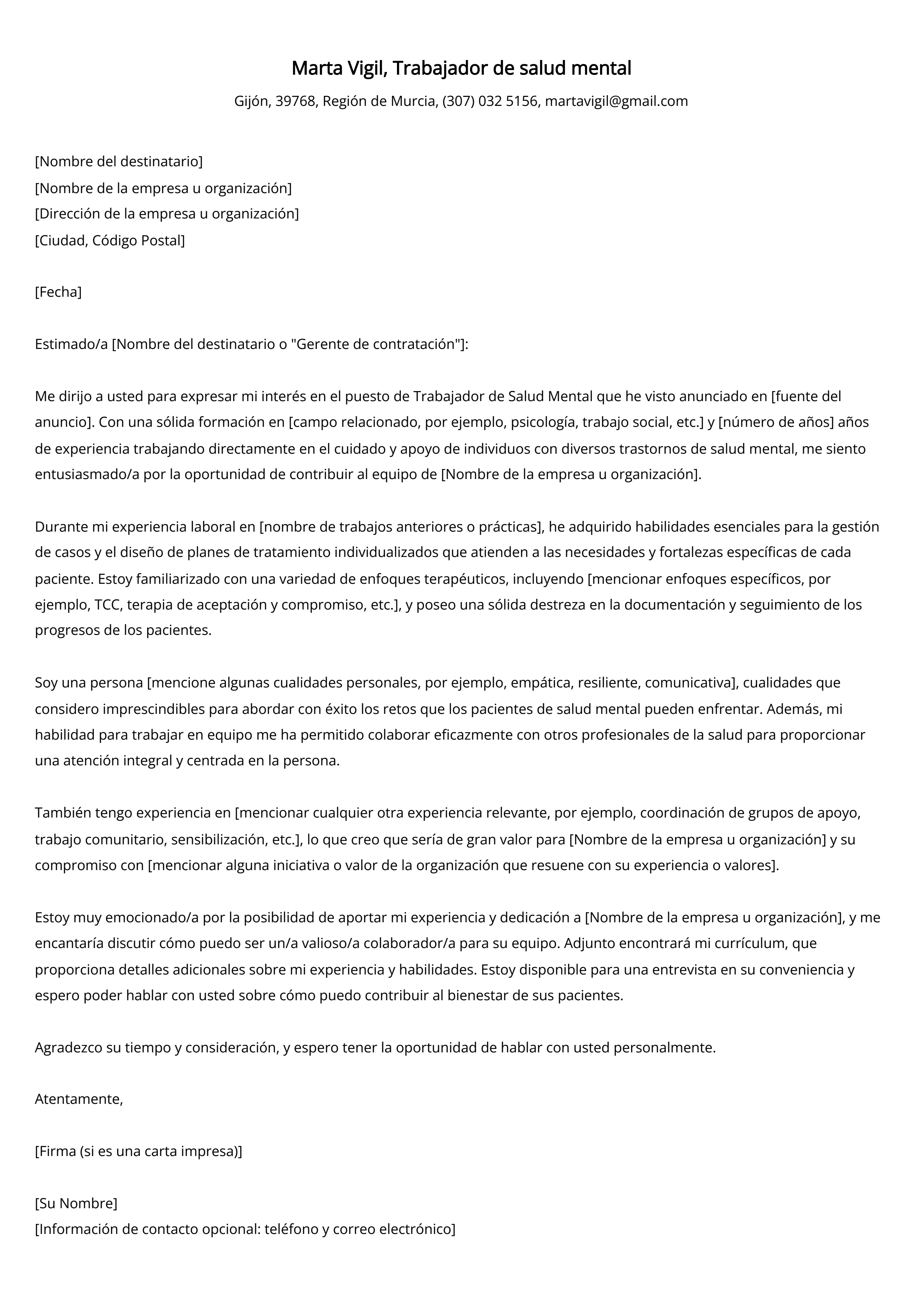 Trabajador de salud mental Ejemplo de carta de presentación