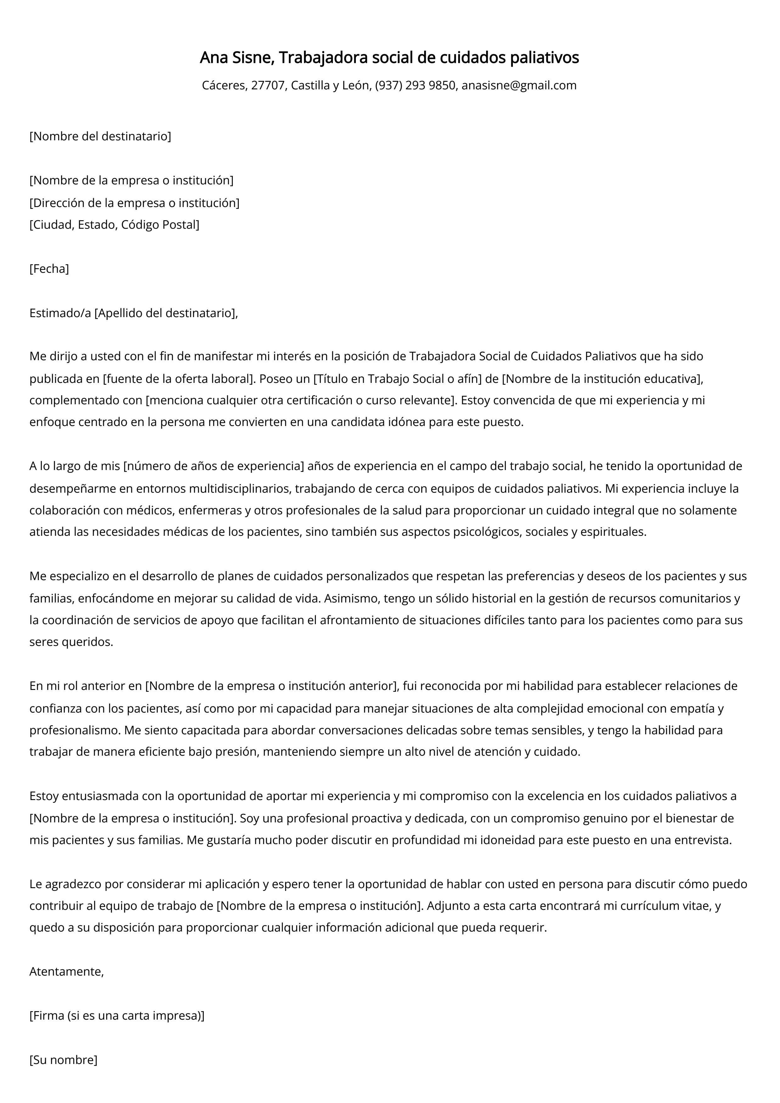 Trabajadora social de cuidados paliativos Ejemplo de carta de presentación