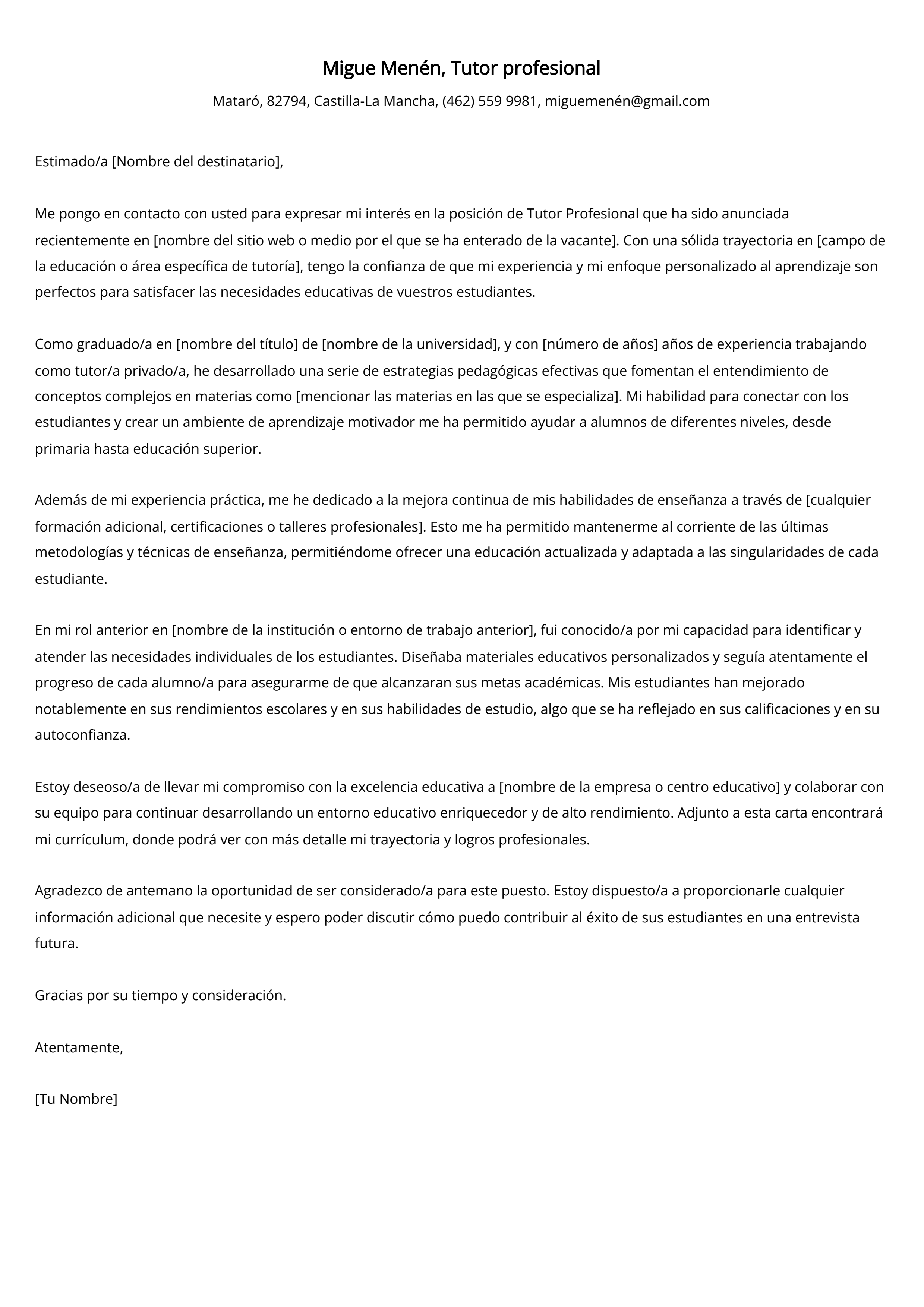 Tutor profesional Carta de presentación Ejemplo