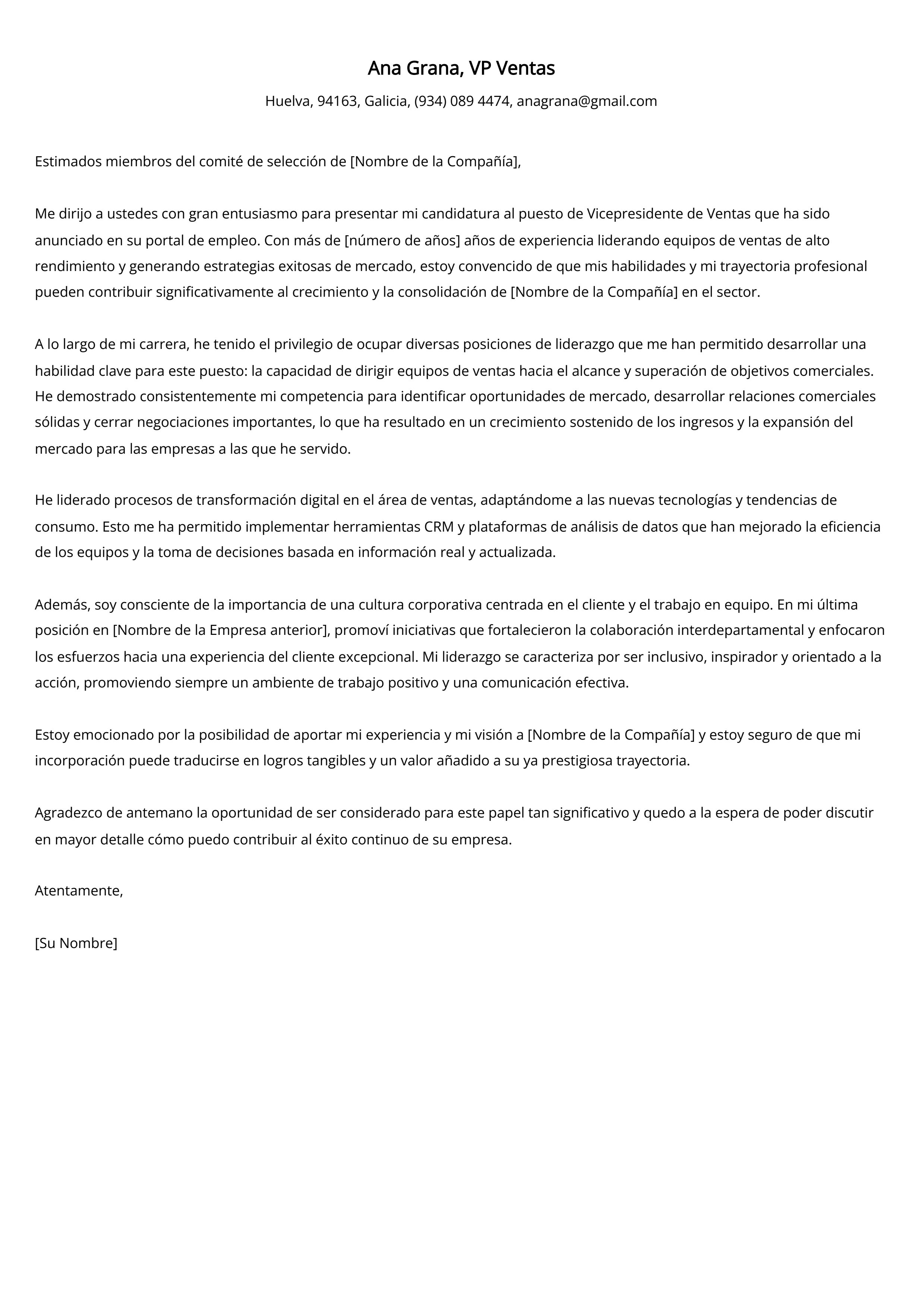 Ejemplo de carta de presentación de VP Ventas
