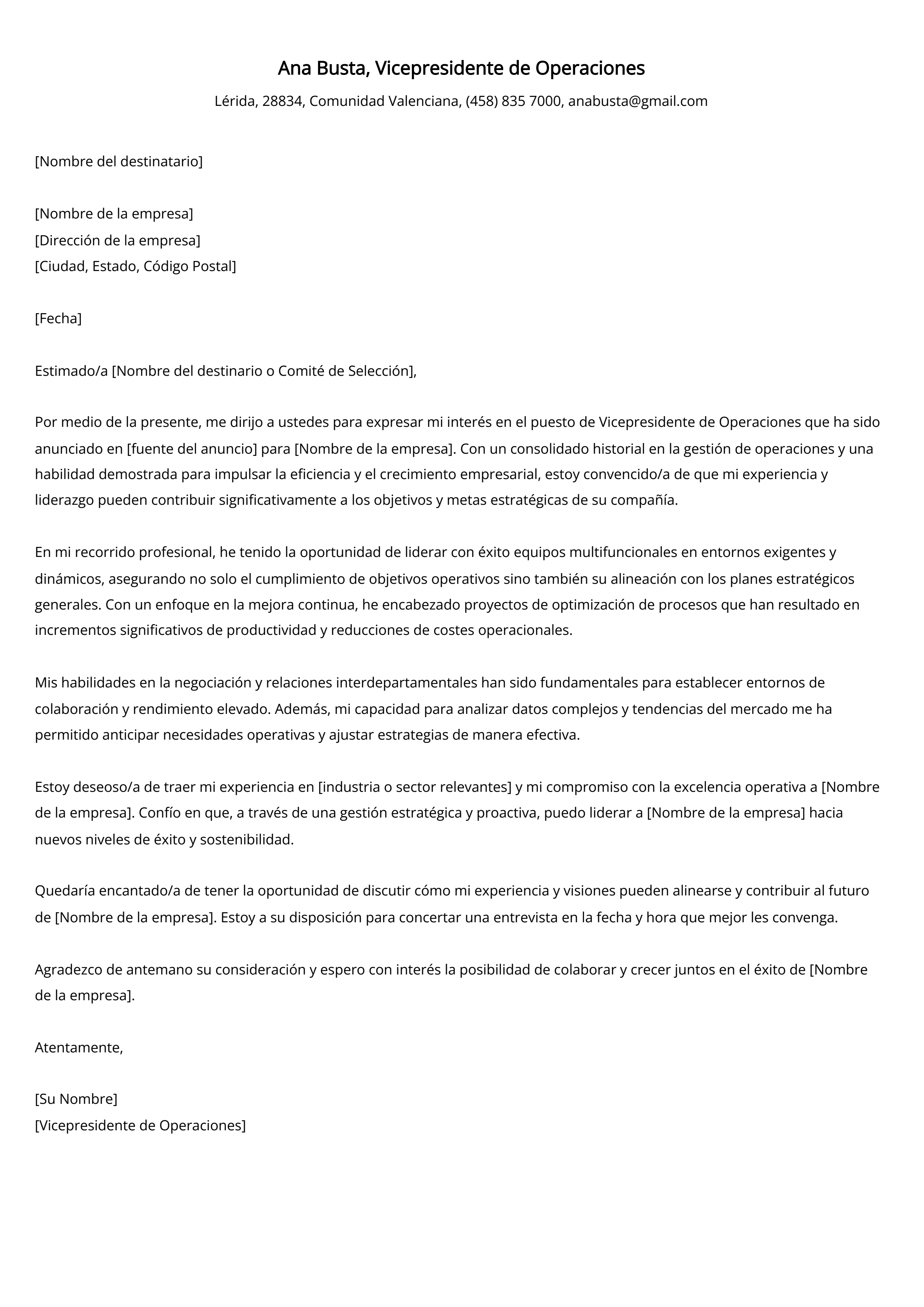 Vicepresidente de Operaciones Ejemplo de carta de presentación