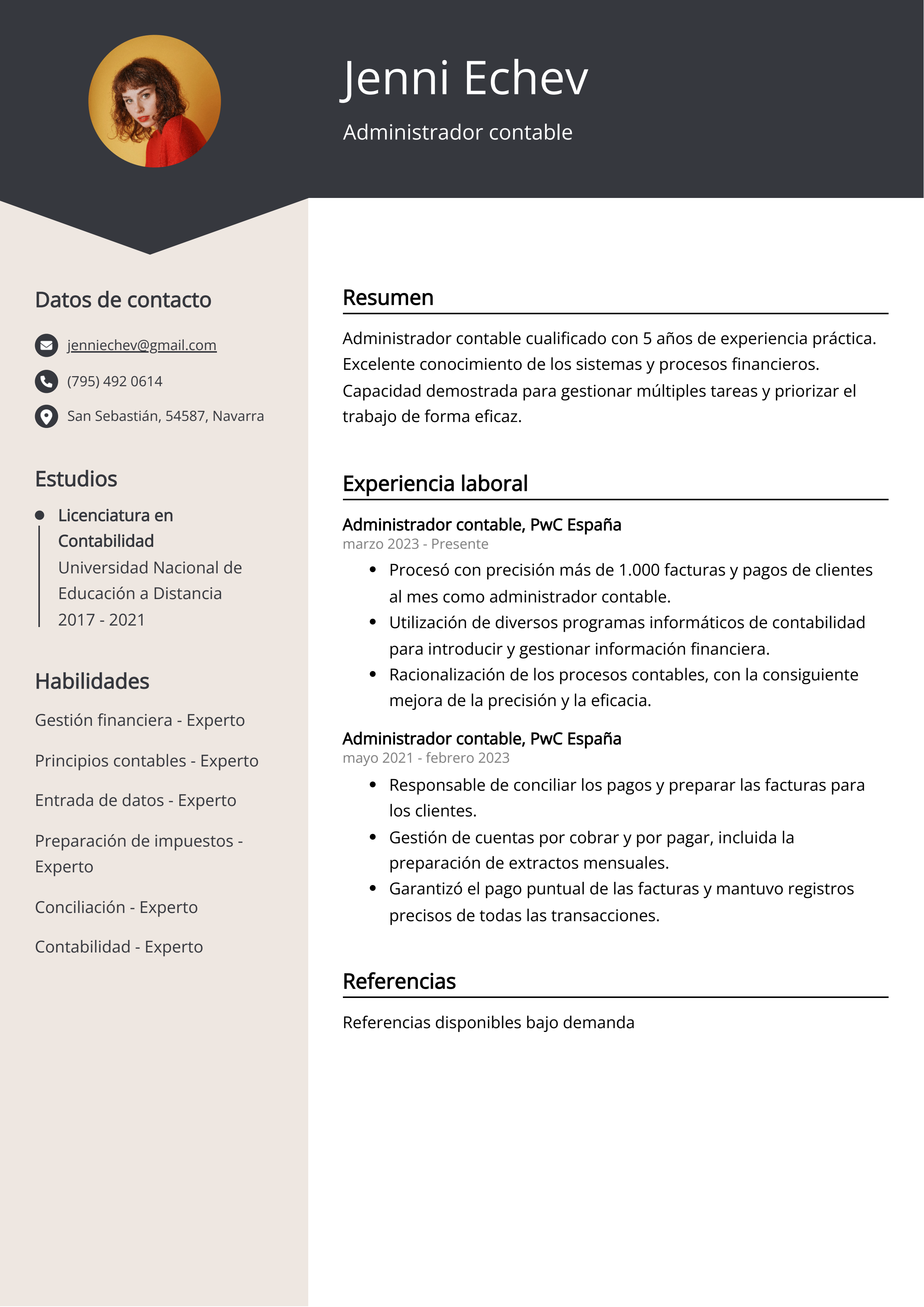 Administrador contable Ejemplo de CV