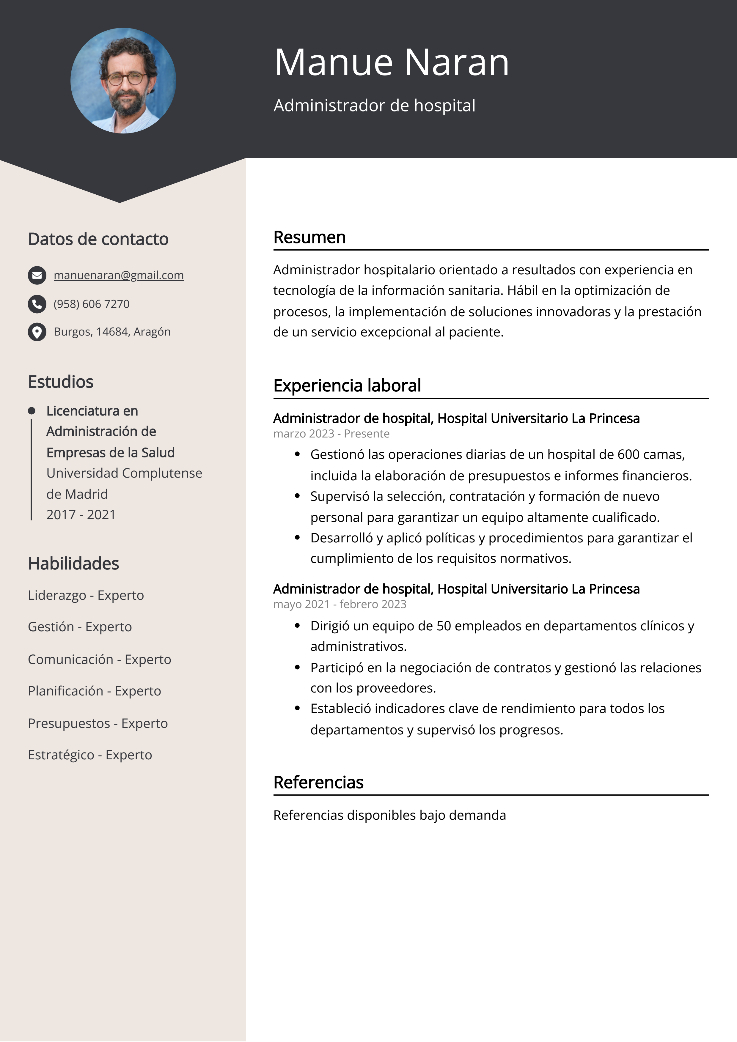 Administrador de hospital Resume Example