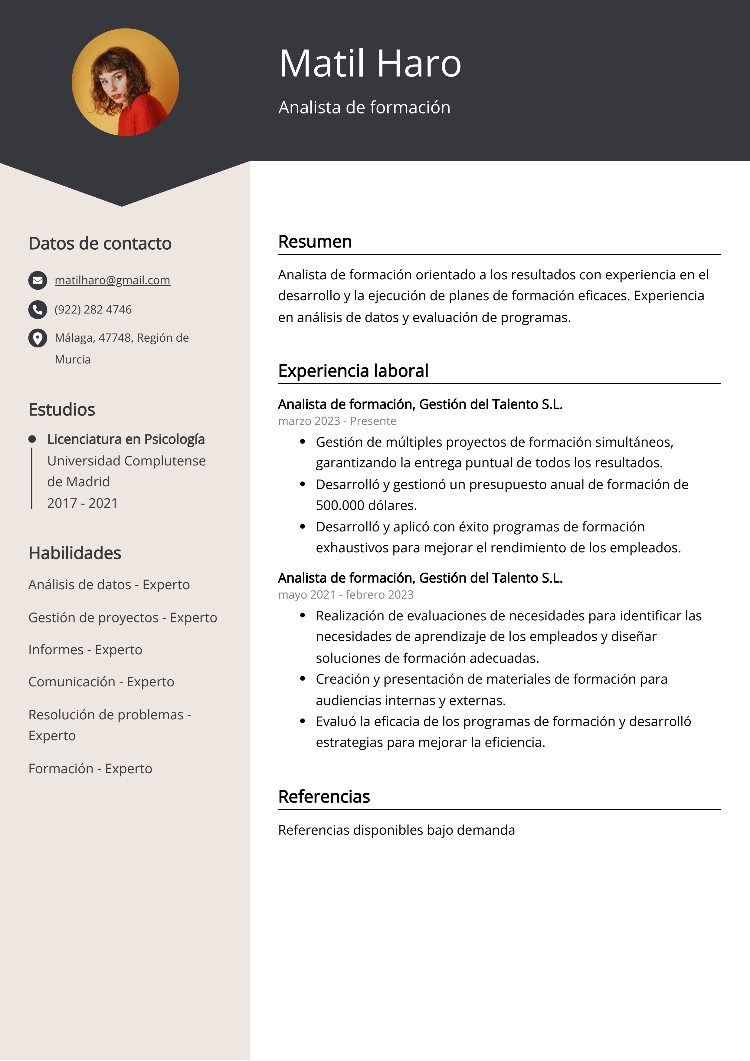 Analista de formación Ejemplo de CV