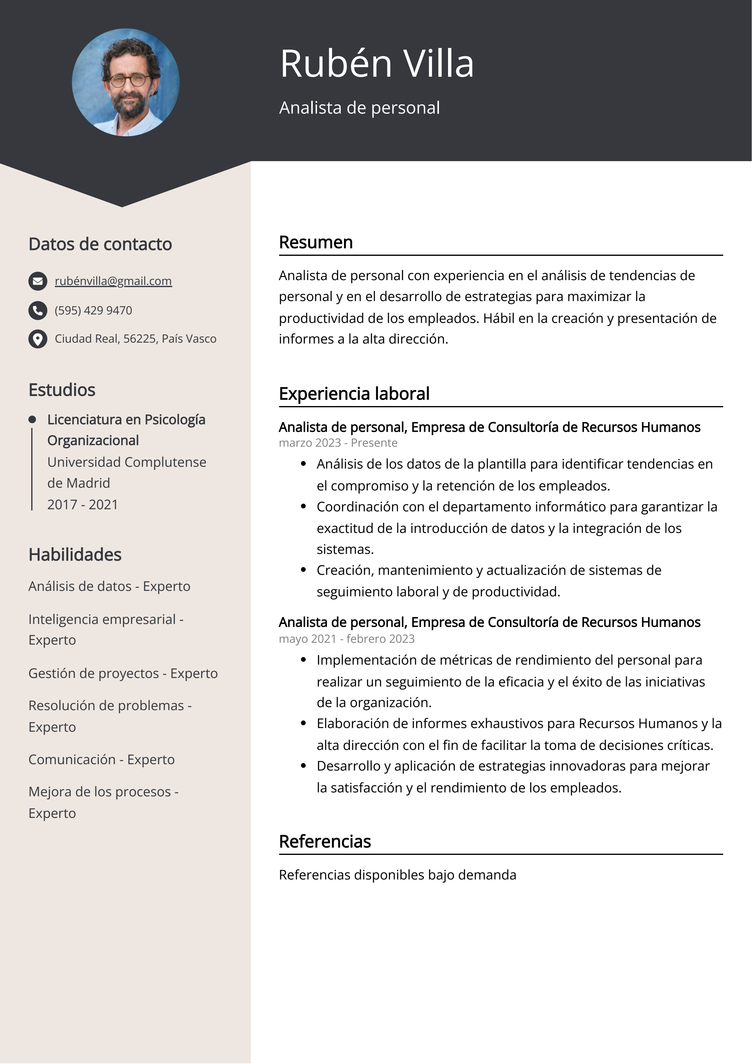 Analista de personal Ejemplo de CV