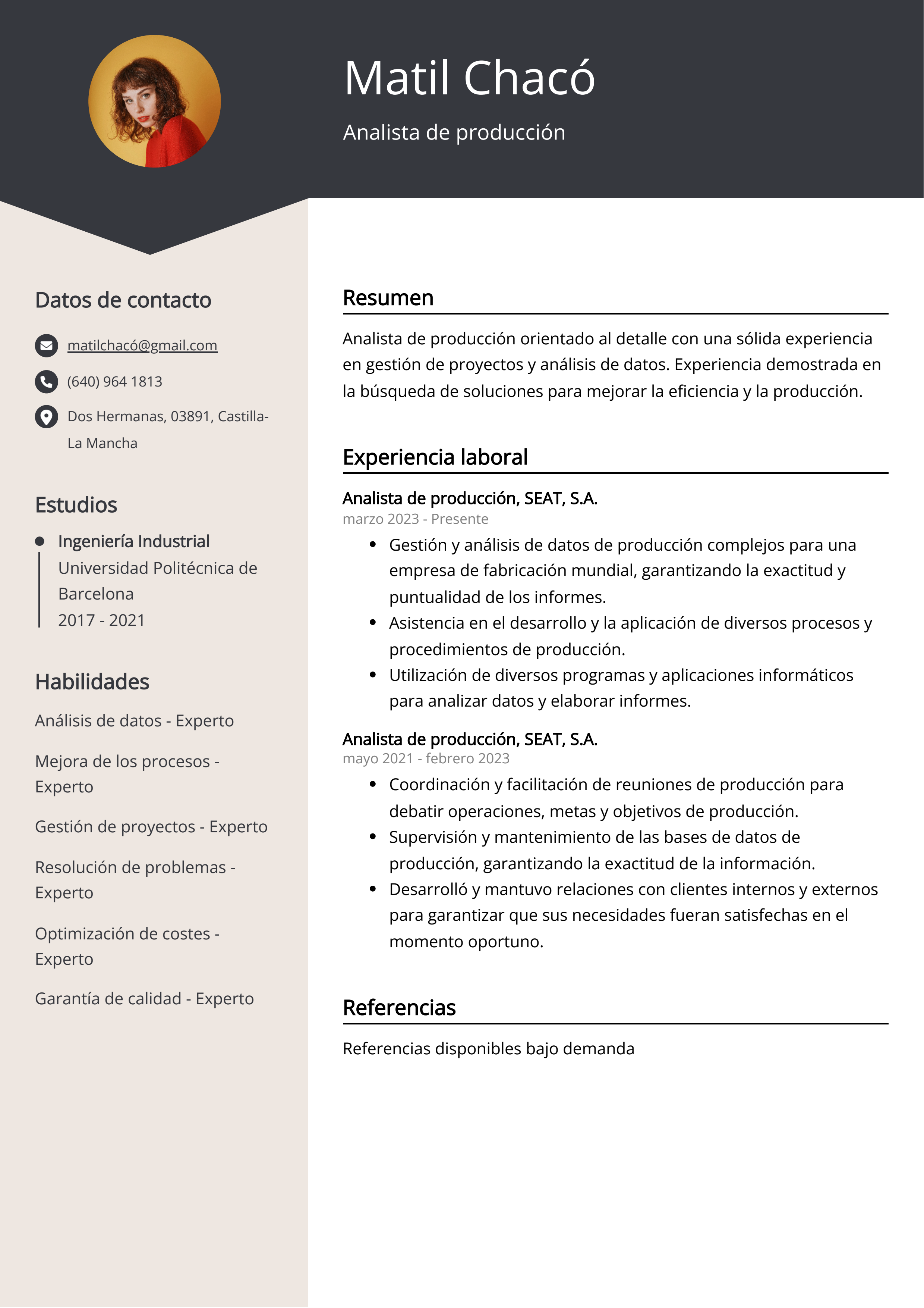 Analista de producción Ejemplo de CV