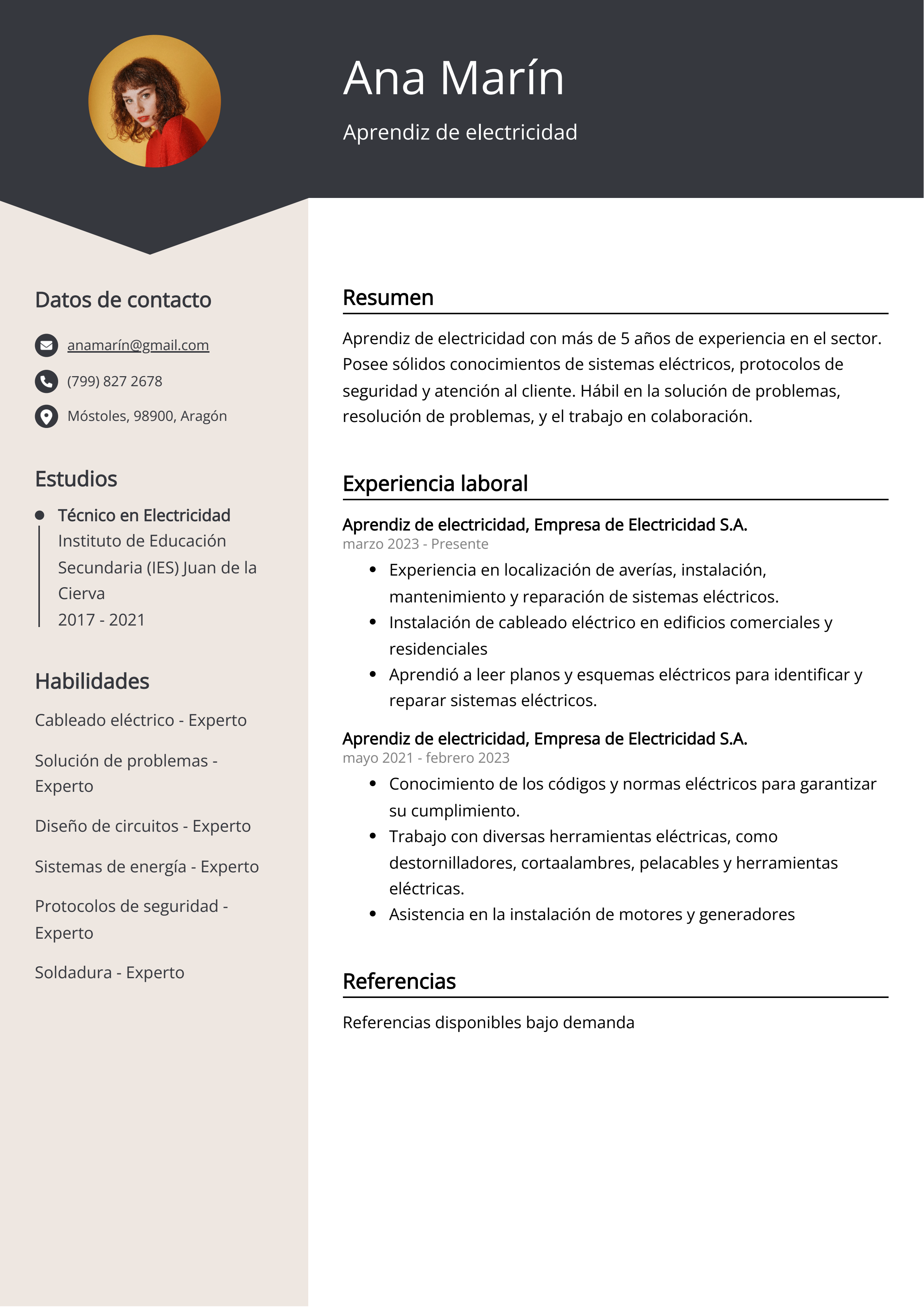 Aprendiz de electricidad Ejemplo de CV