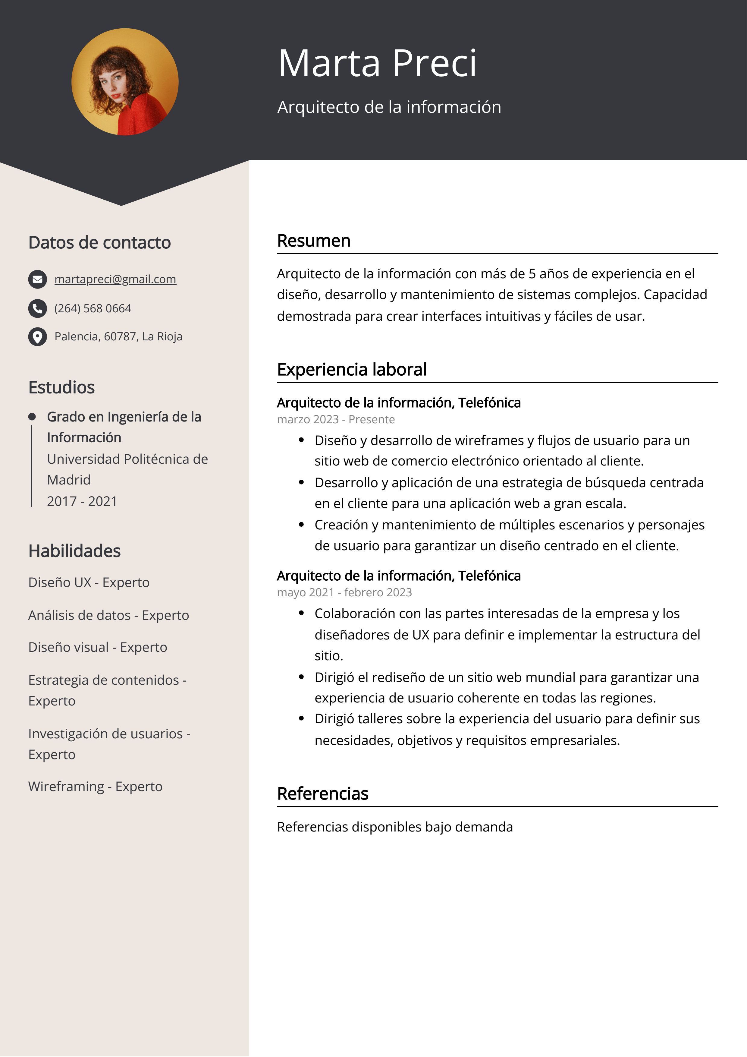 Arquitecto de la información Ejemplo de CV