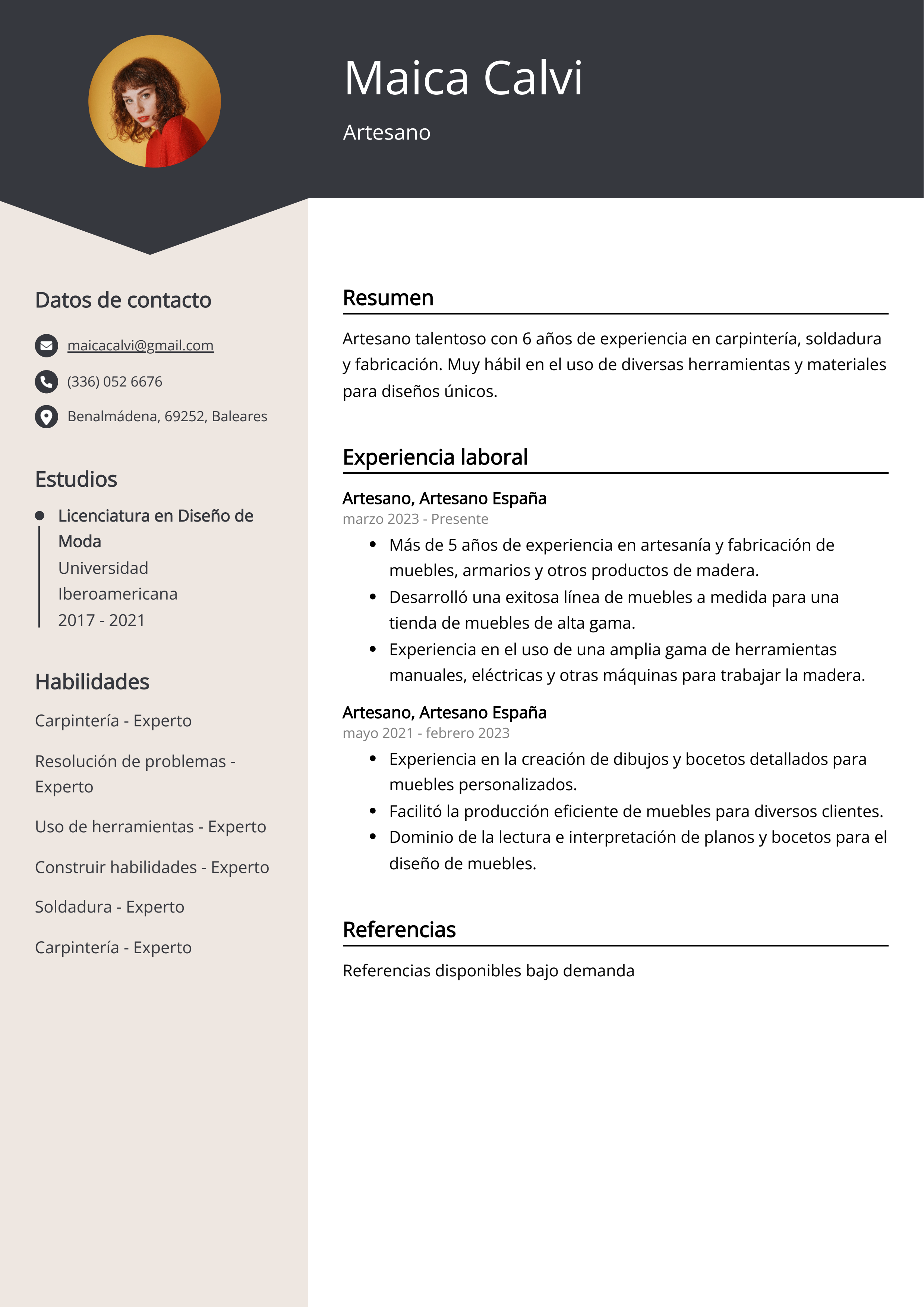 Artesano Ejemplo de Curriculum Vitae