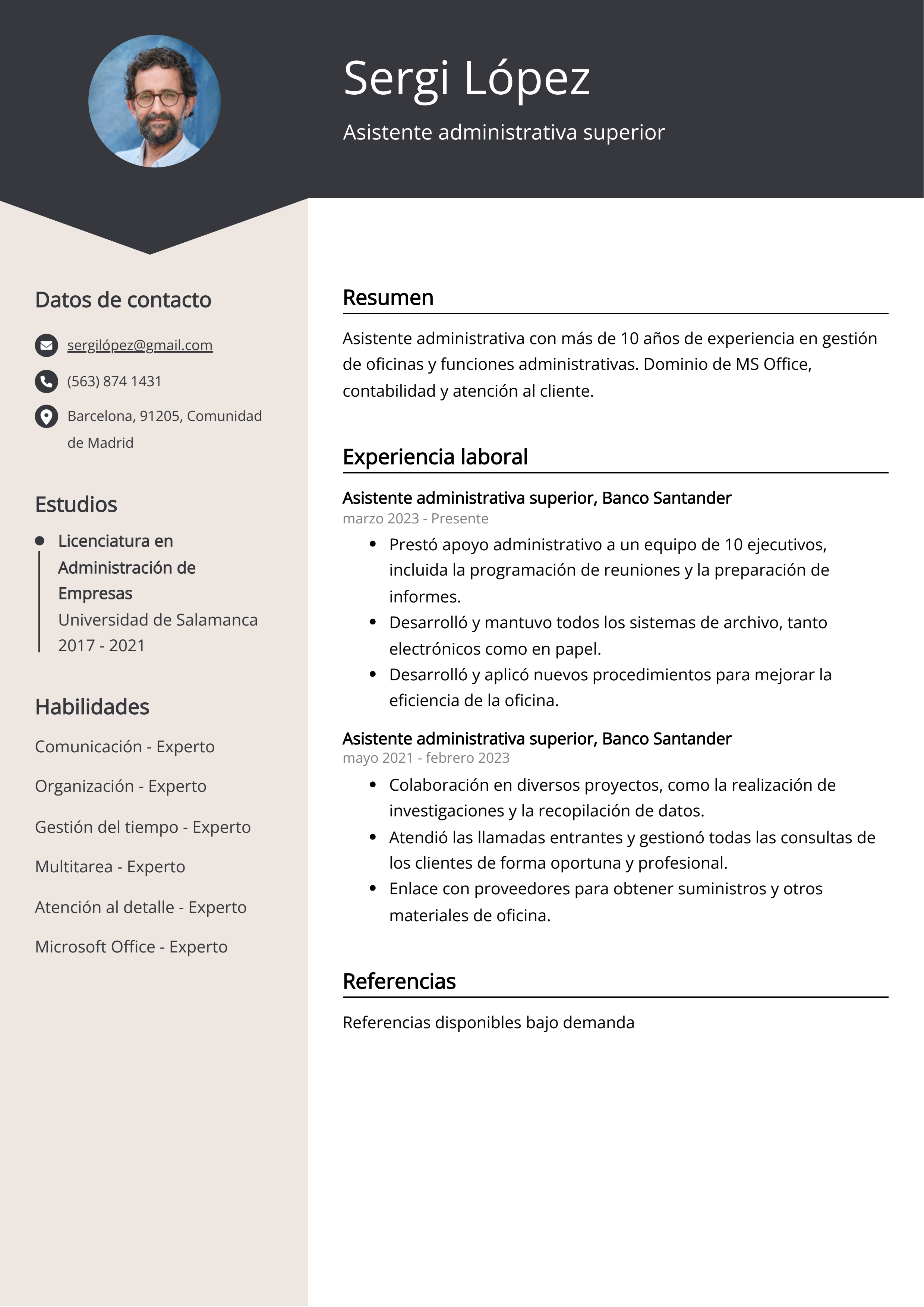 Asistente administrativa superior Ejemplo de CV