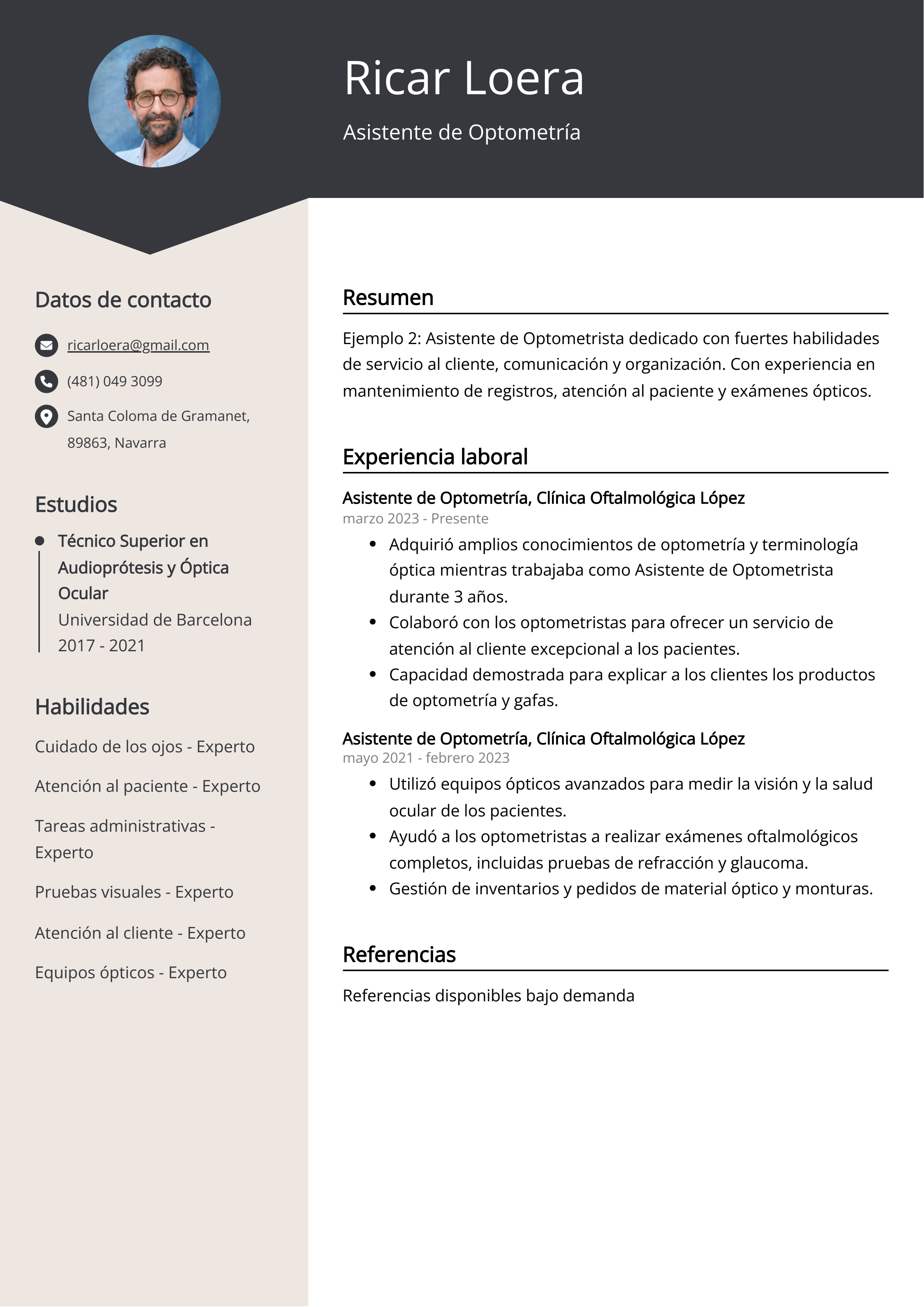 Asistente de Optometría Ejemplo de CV