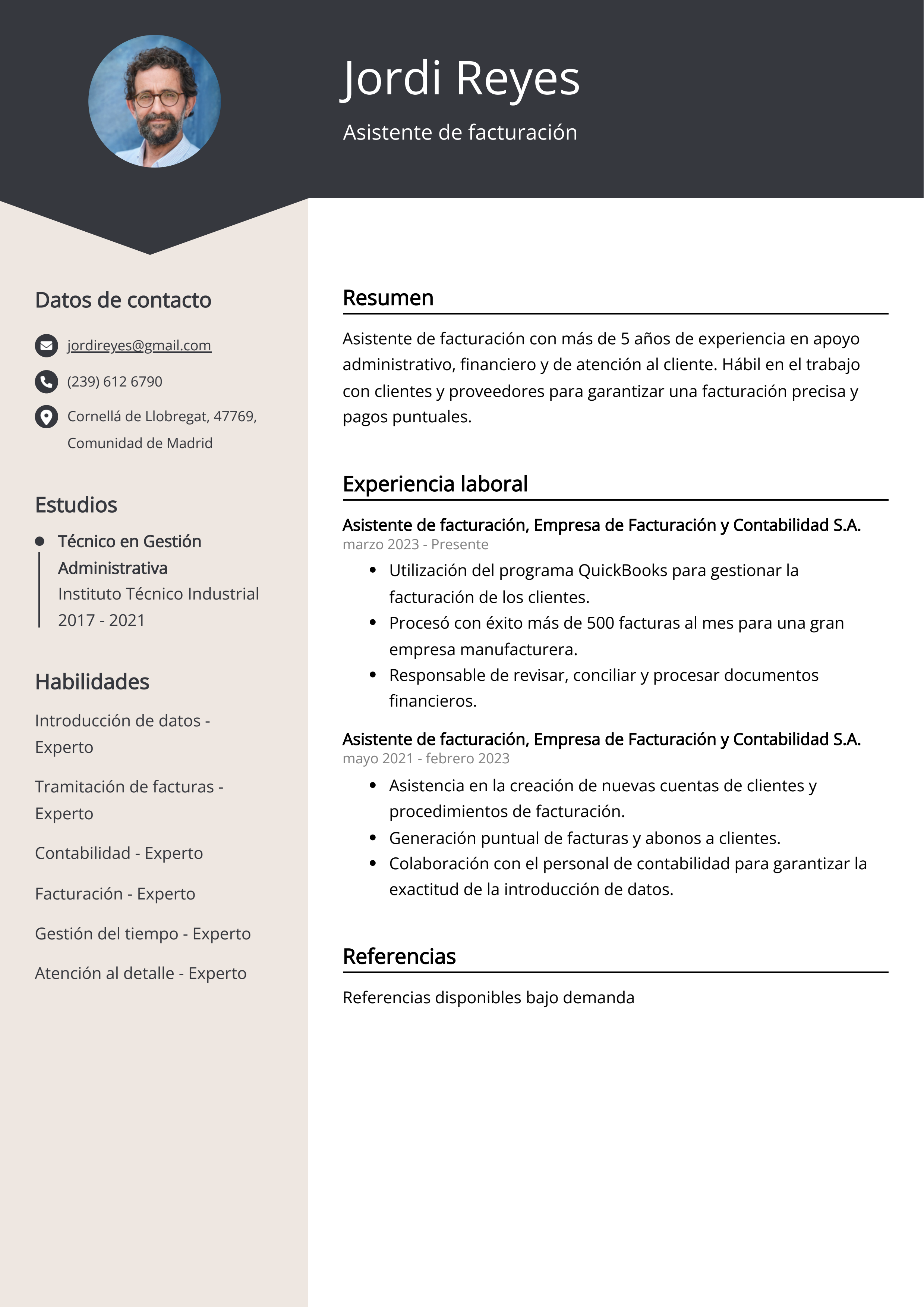 Asistente de facturación Ejemplo de CV