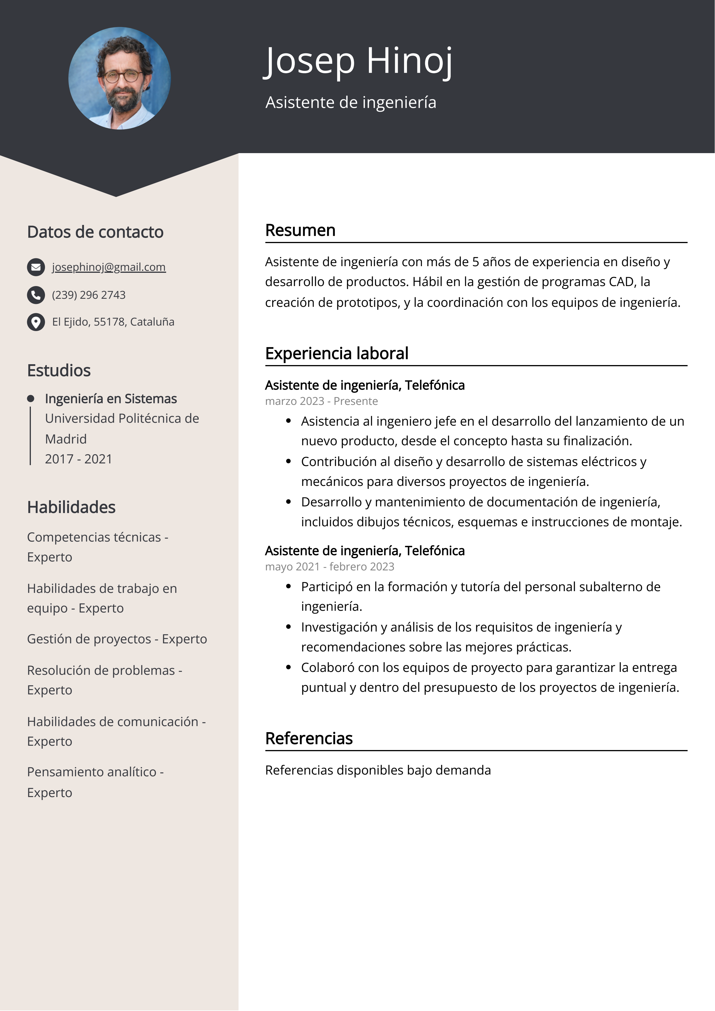 Asistente de ingeniería Ejemplo de CV