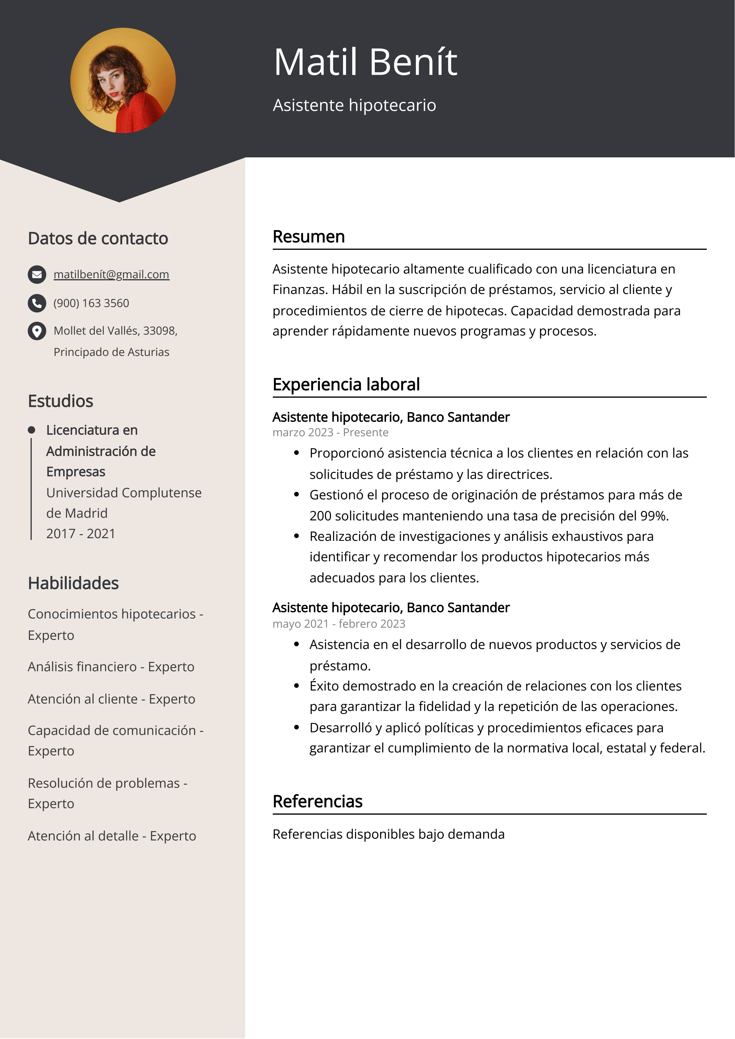 Asistente hipotecario Ejemplo de CV