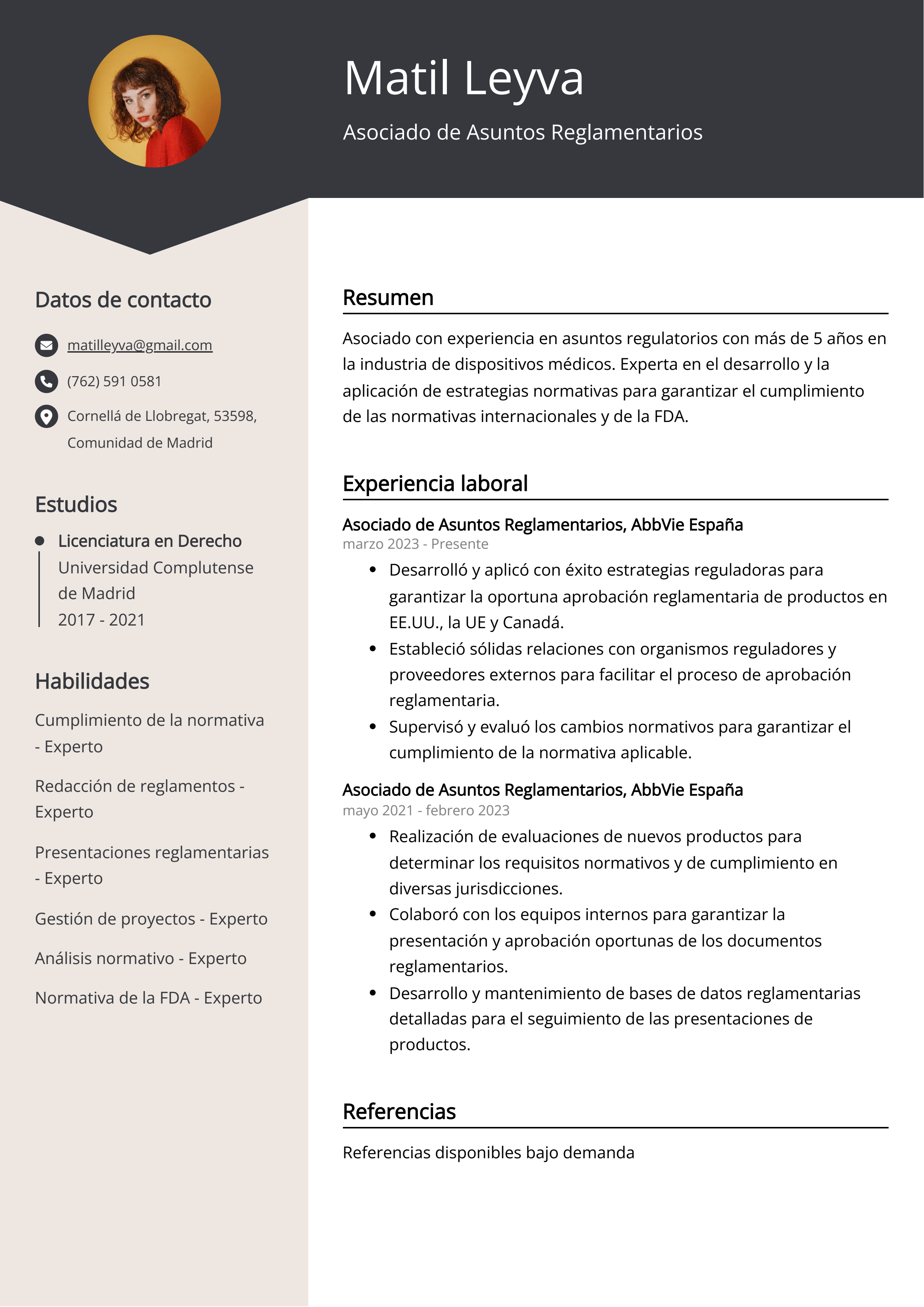 Asociado de Asuntos Reglamentarios Ejemplo de CV