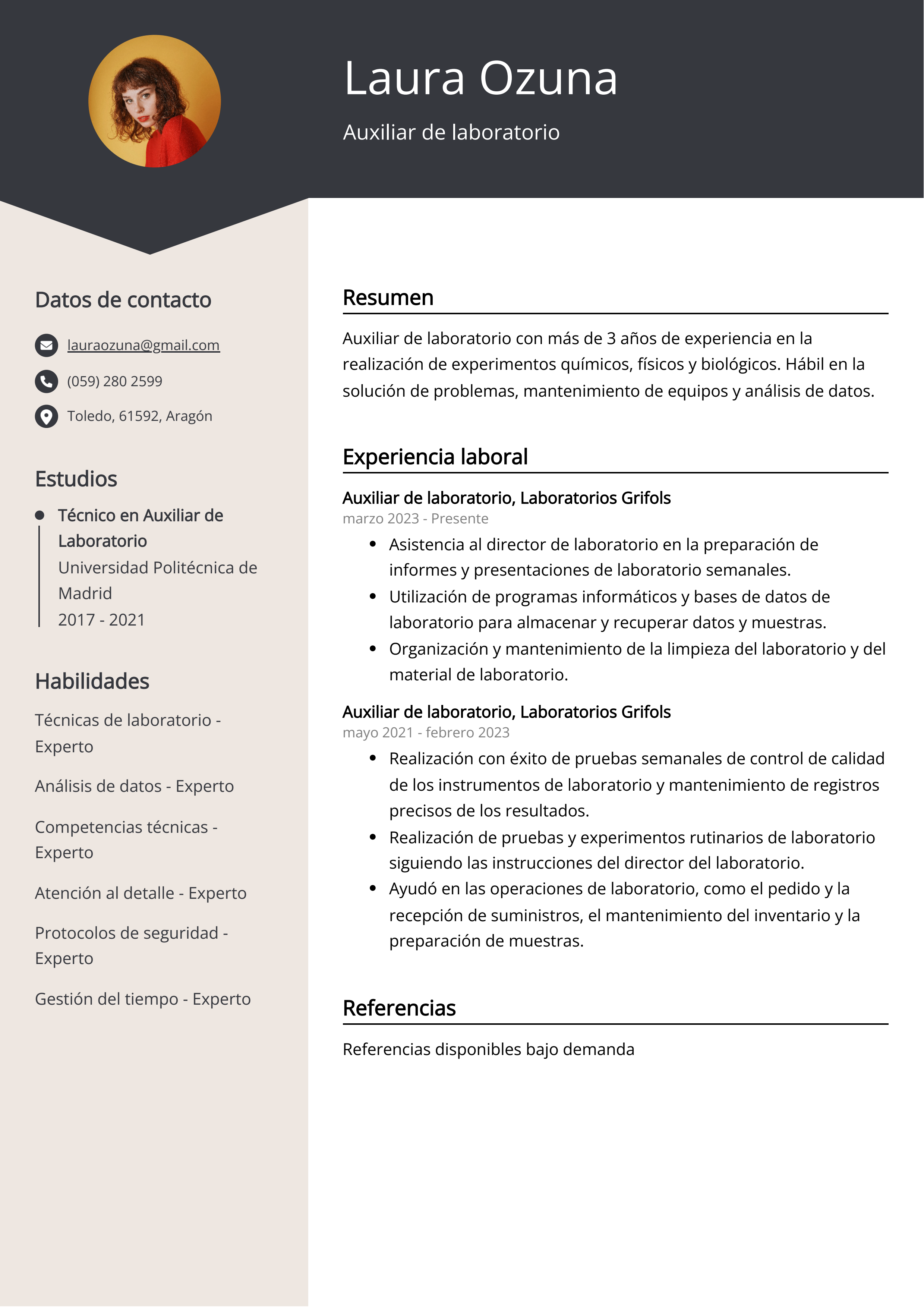 Auxiliar de laboratorio Ejemplo de CV