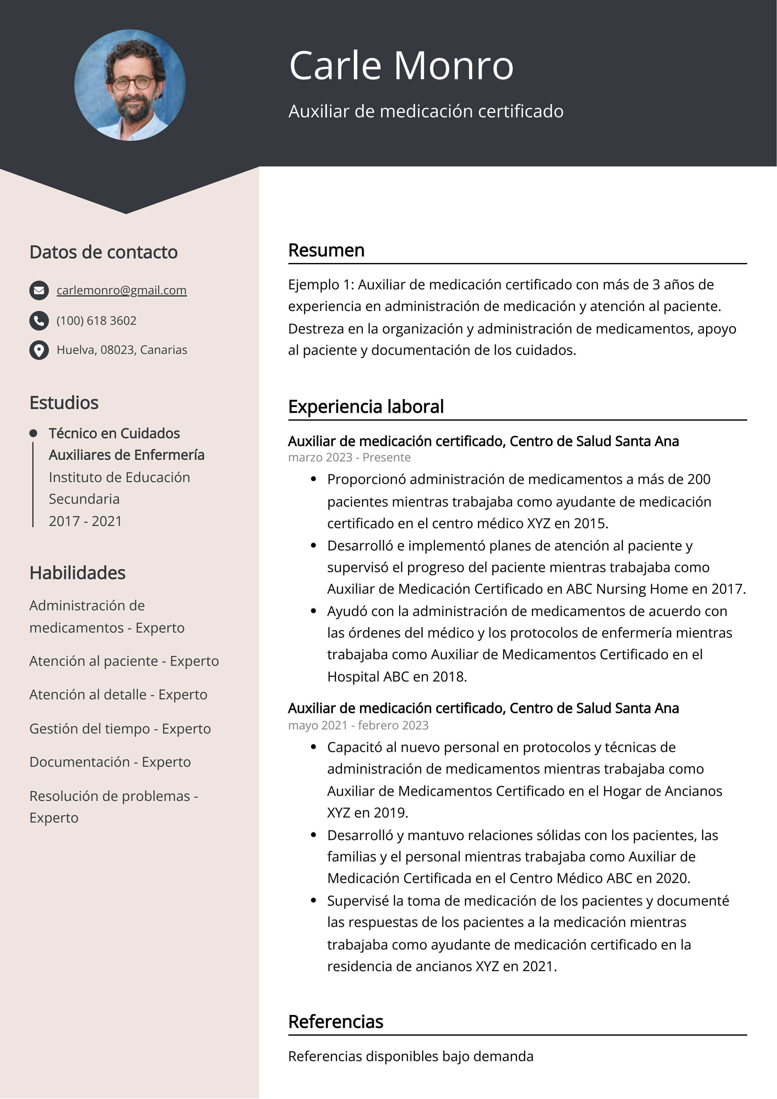 Auxiliar de medicación certificado Ejemplo de CV