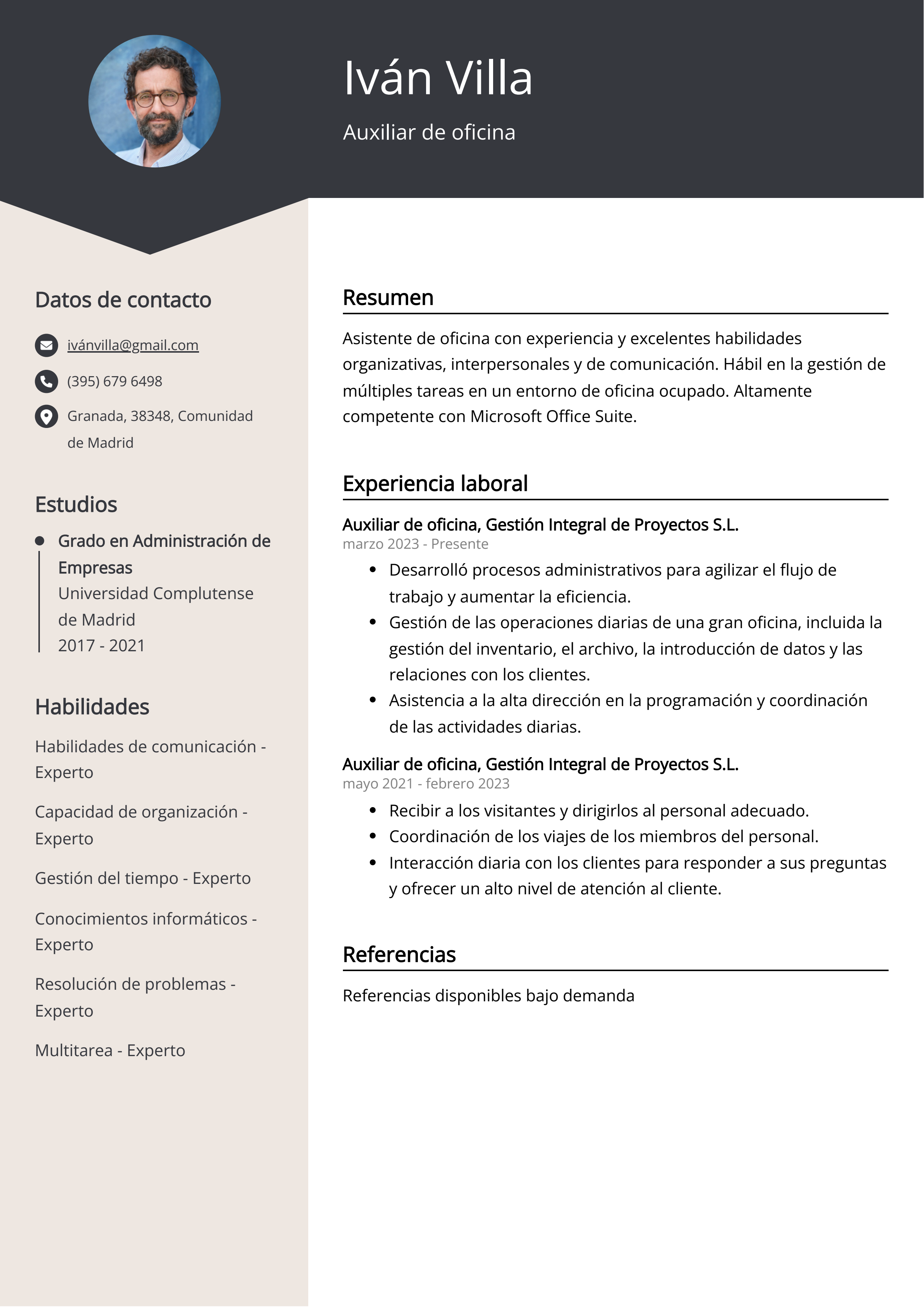 Auxiliar de oficina Ejemplo de CV