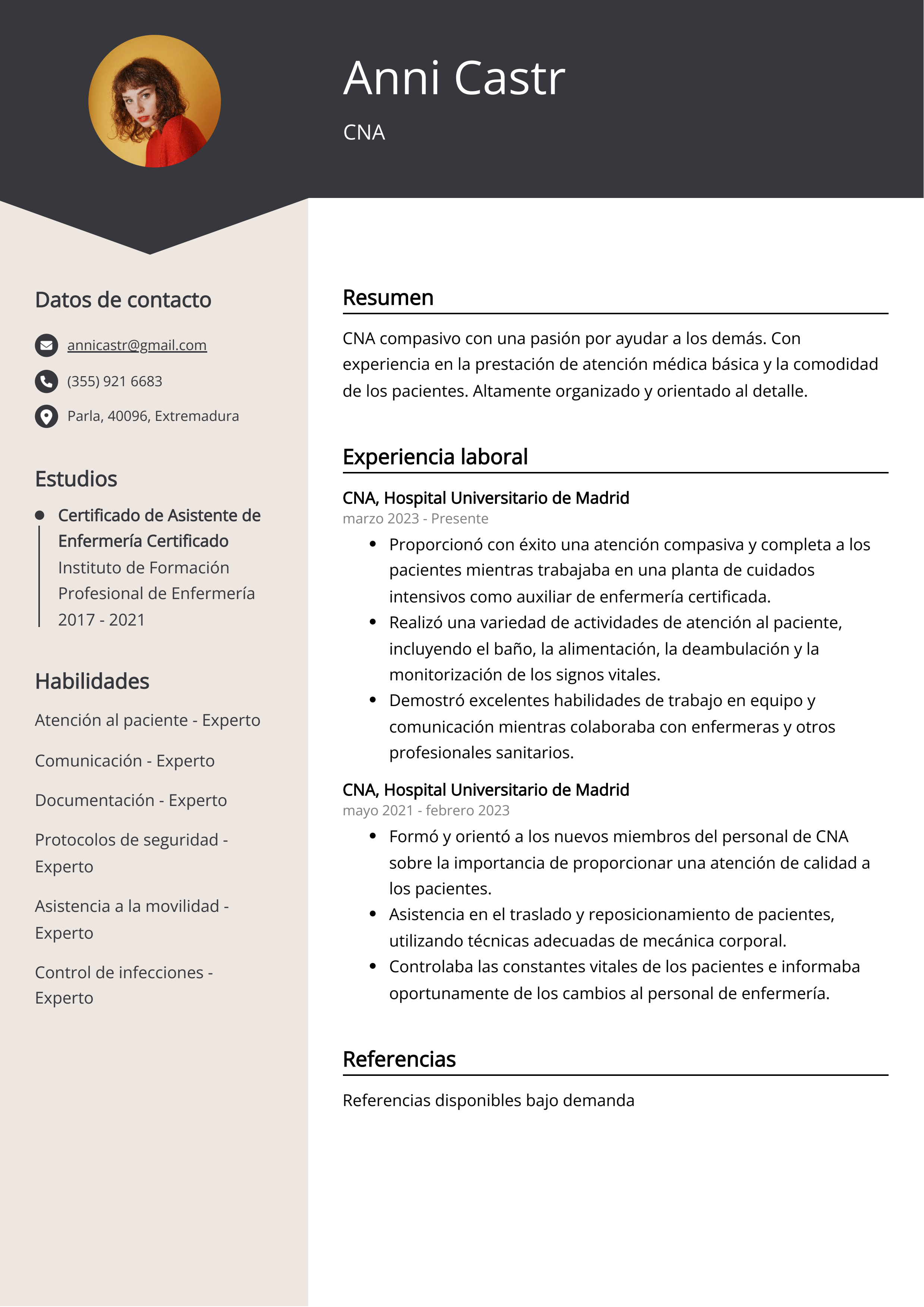 Ejemplo de currículum CNA