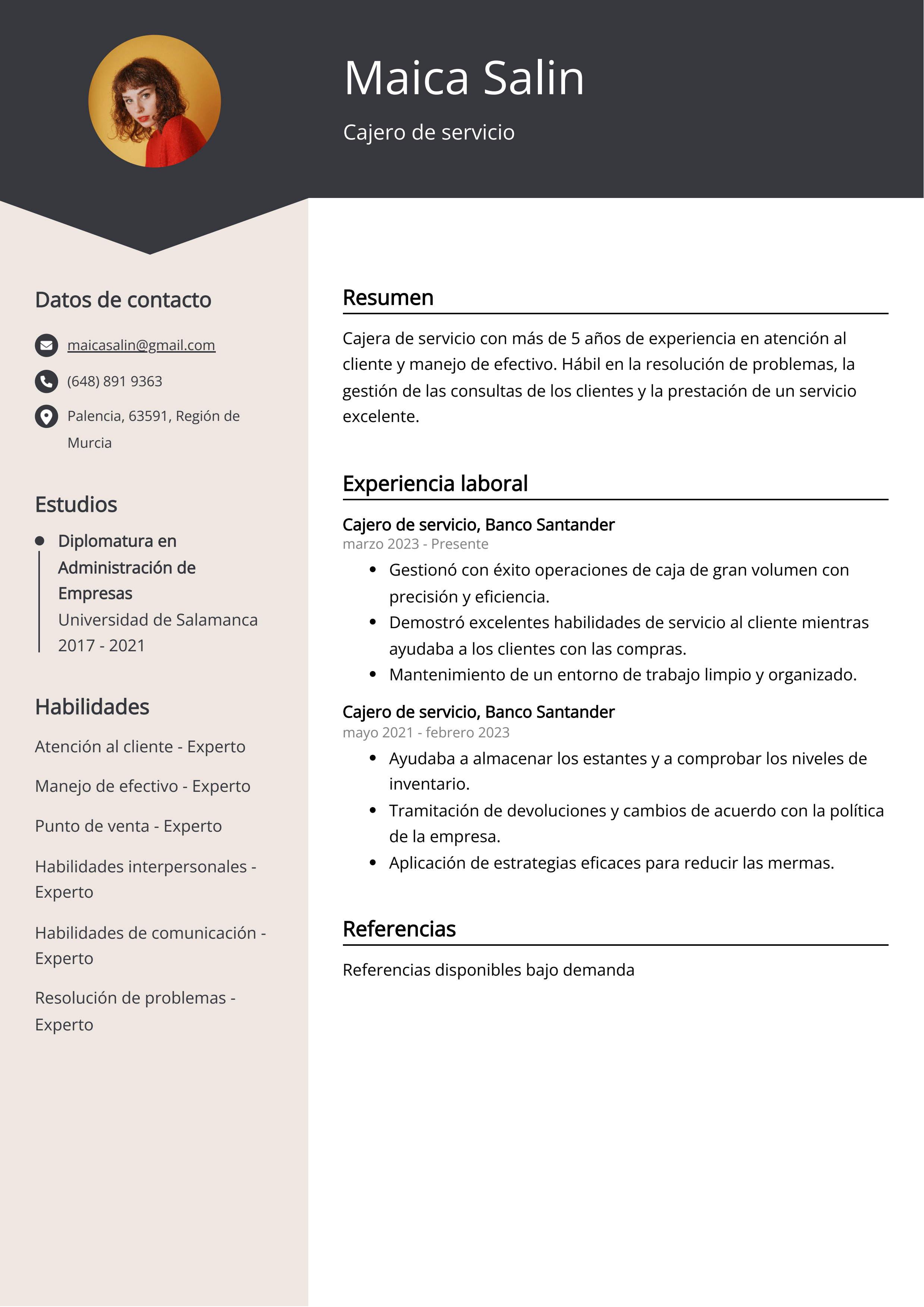 Cajero de servicio Ejemplo de CV