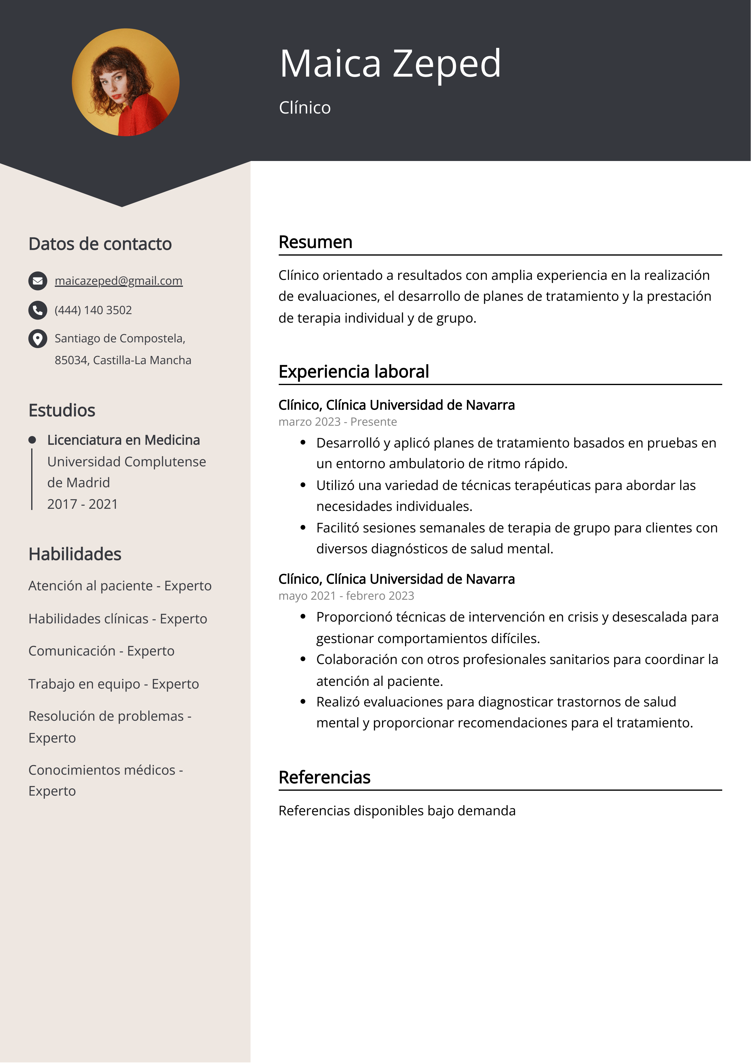 Ejemplo de currículum clínico