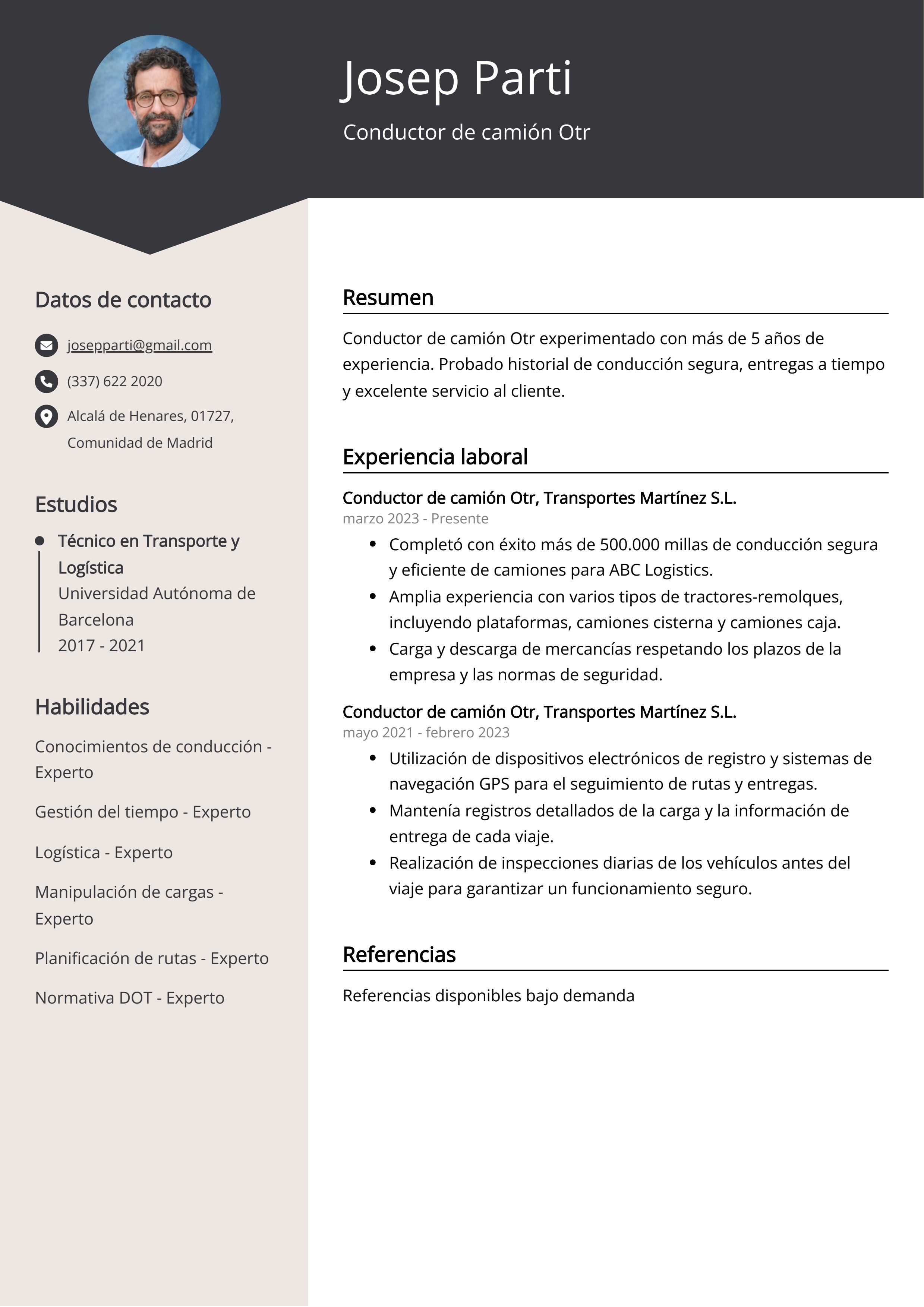 Conductor de camión Otr Resume Example