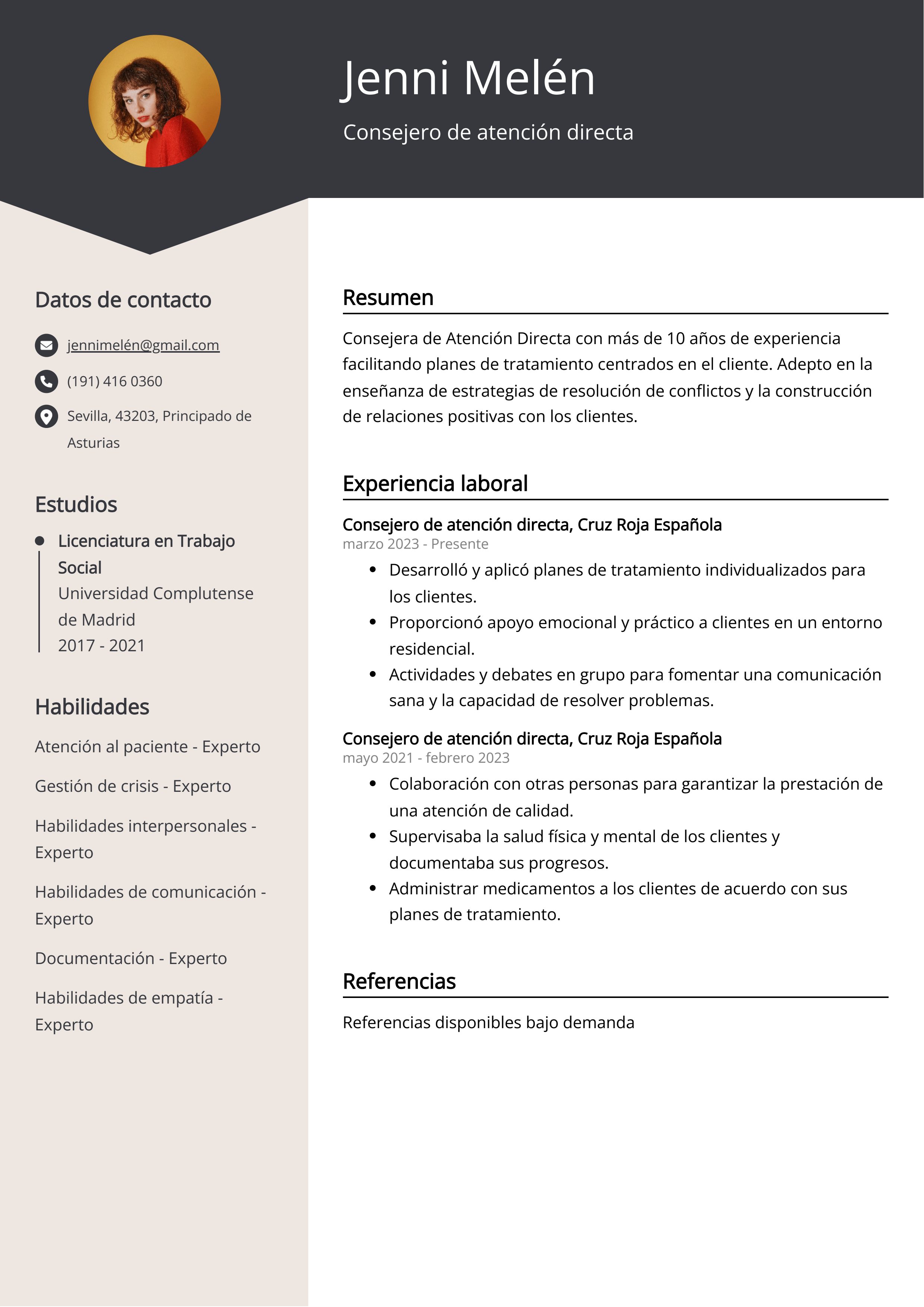 Consejero de atención directa Ejemplo de CV