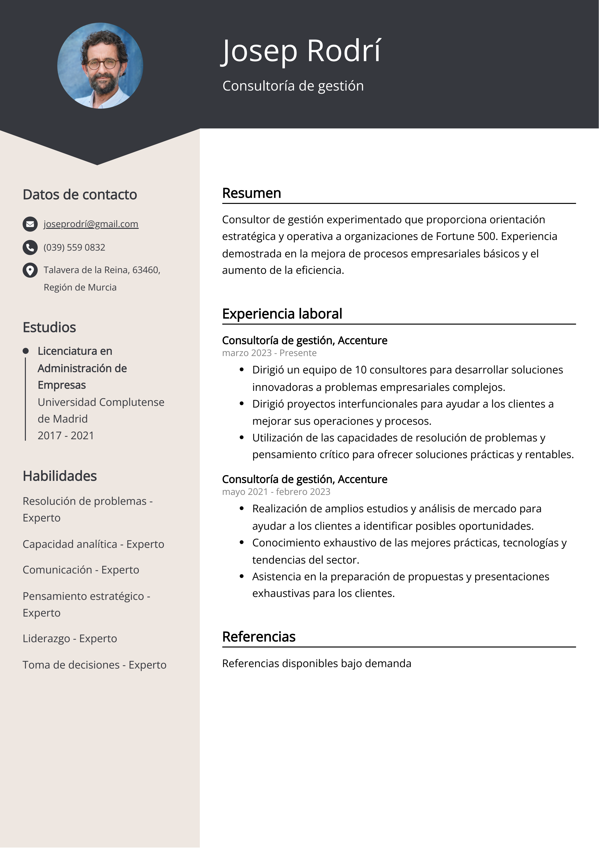 Consultoría de gestión Ejemplo de CV