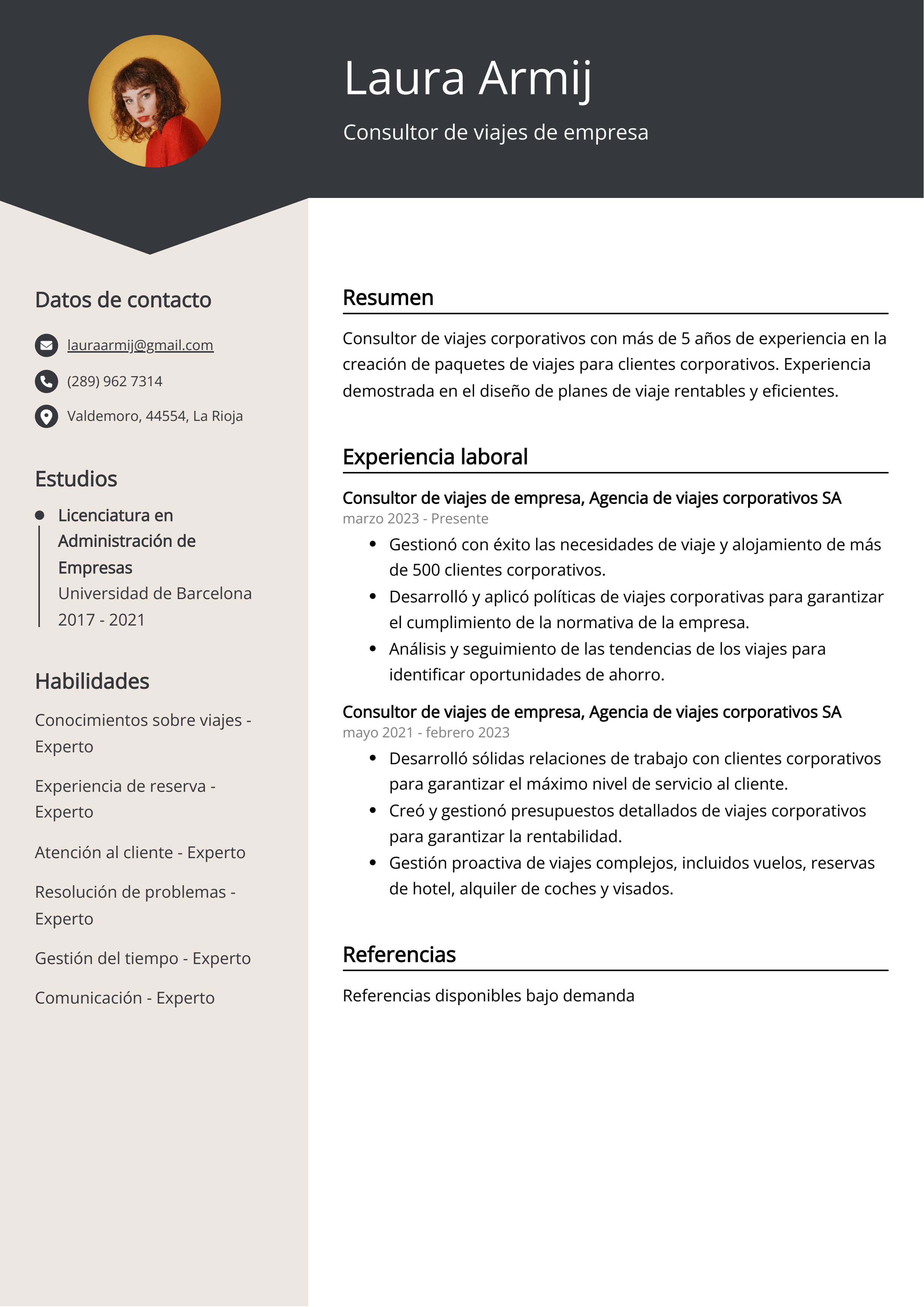 Consultor de viajes de empresa Ejemplo de CV