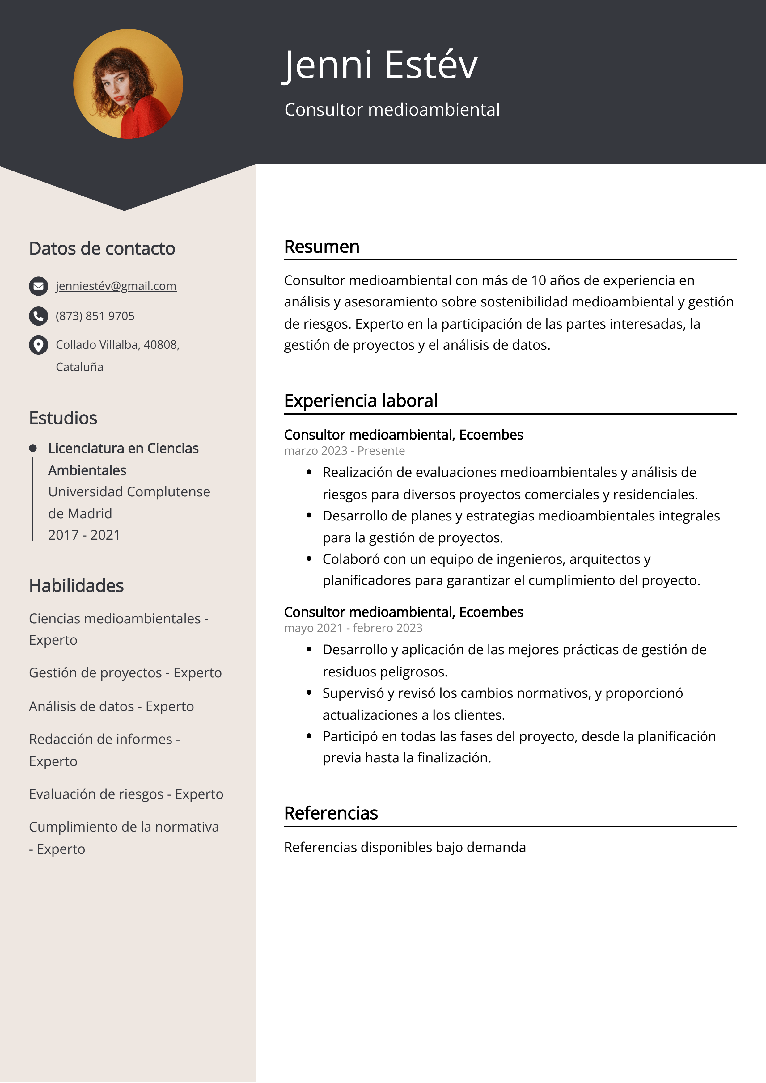 Consultor medioambiental Ejemplo de CV