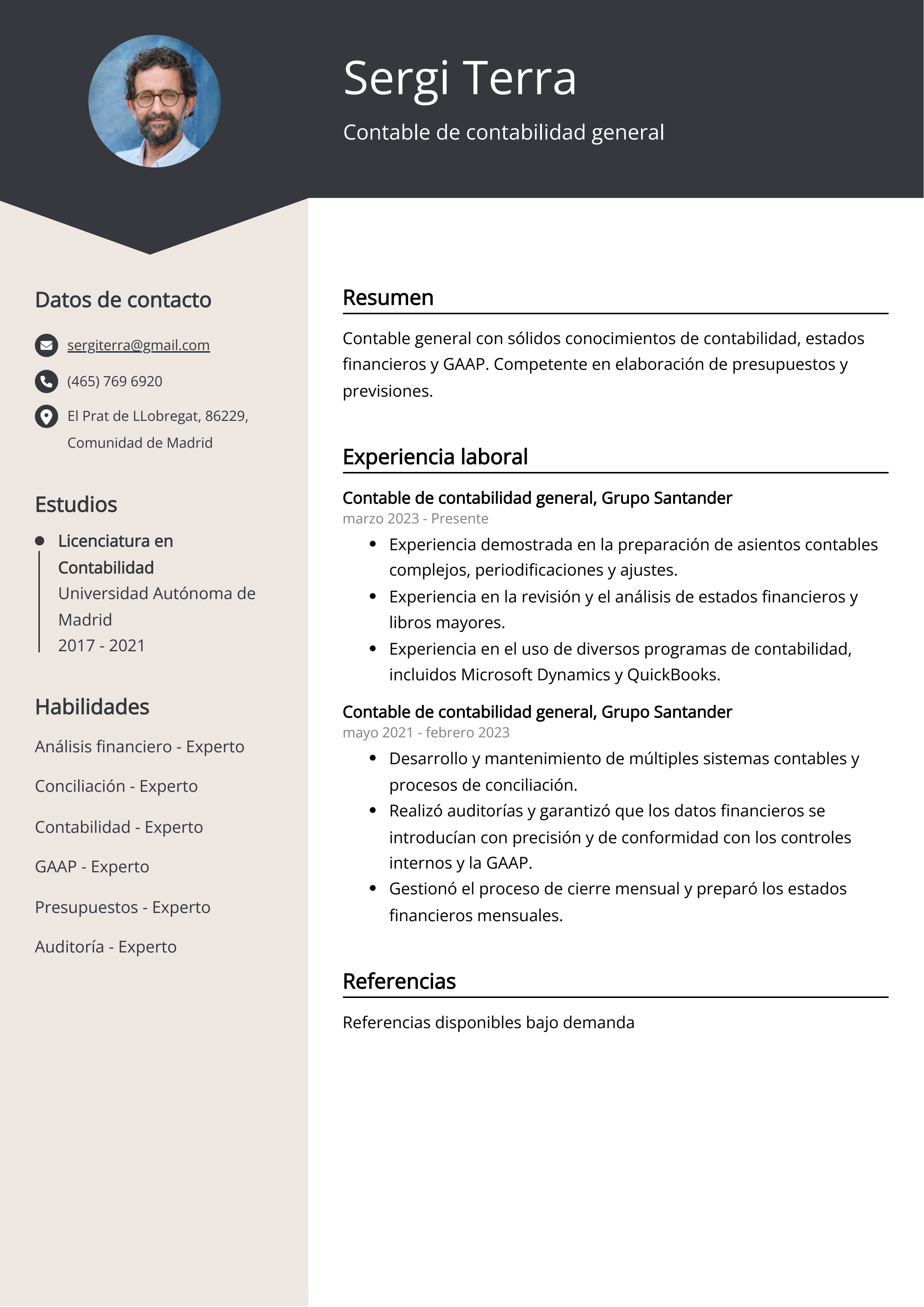 Contable de contabilidad general Ejemplo de CV