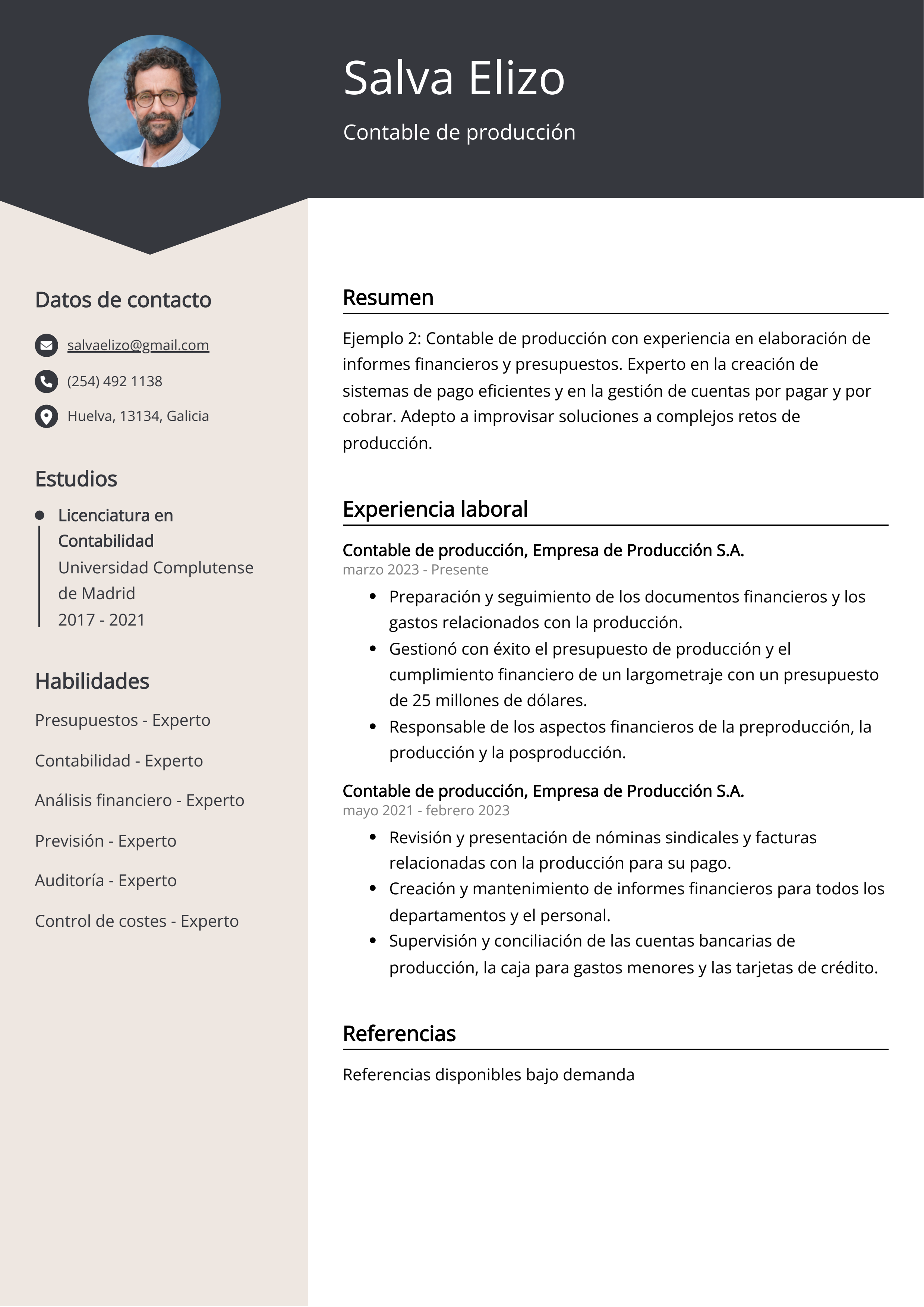 Contable de producción Ejemplo de CV