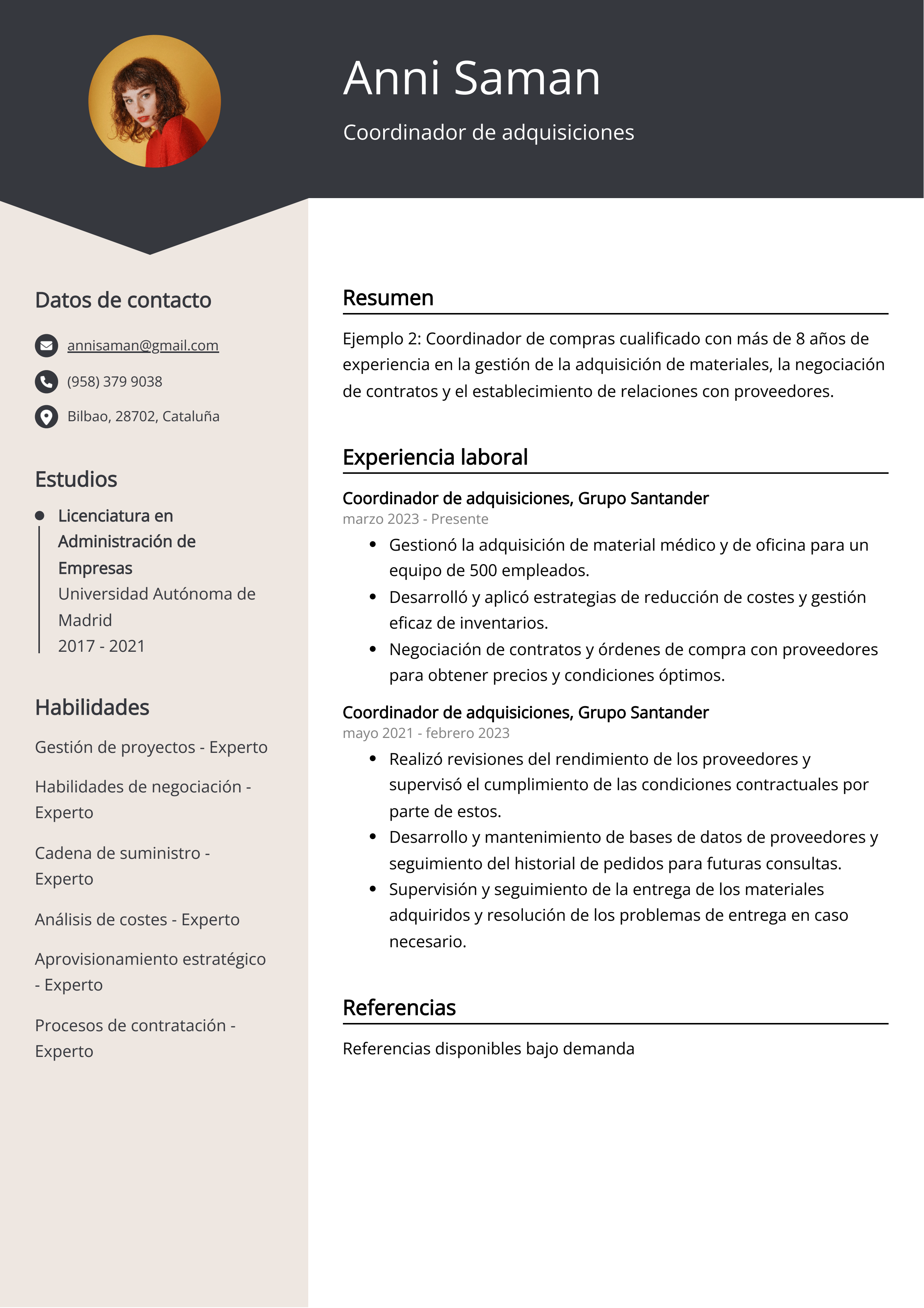 Coordinador de adquisiciones Ejemplo de CV