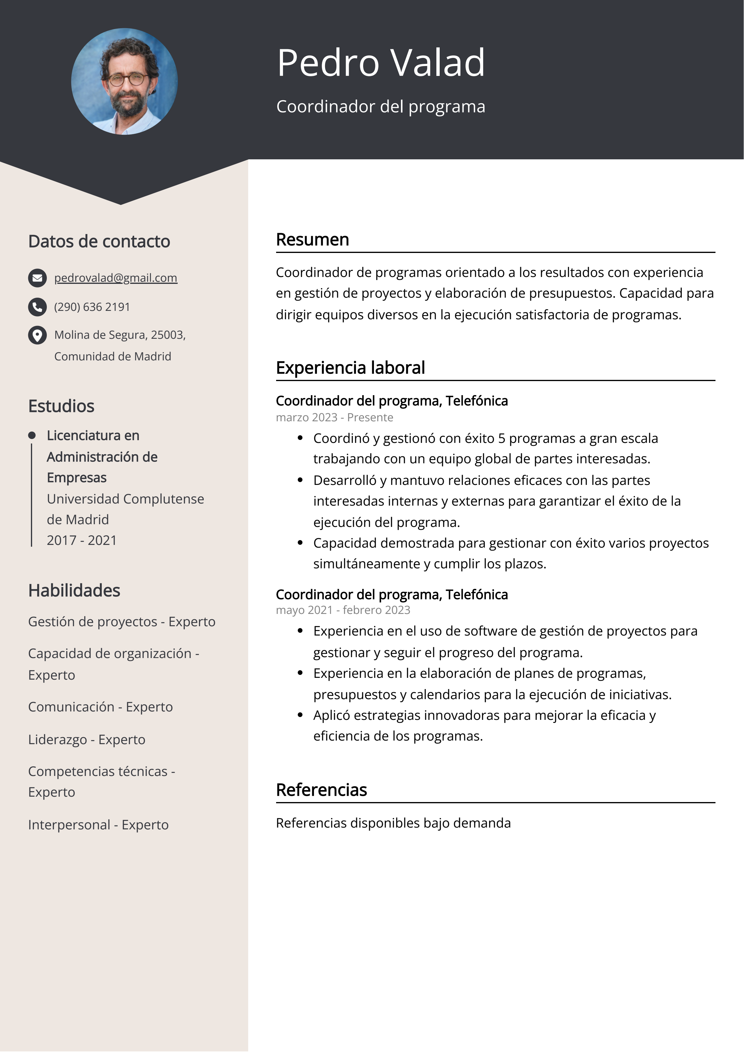 Coordinador del programa Ejemplo de CV