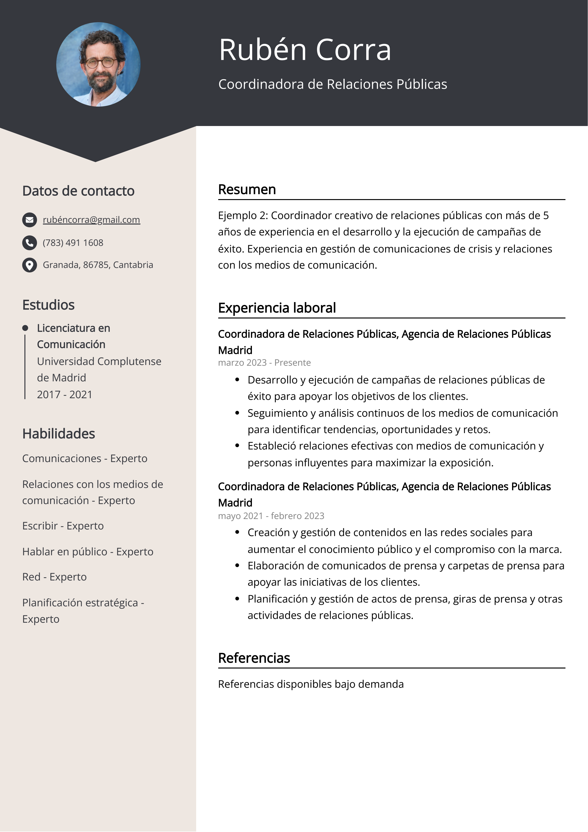 Coordinadora de Relaciones Públicas Ejemplo de CV