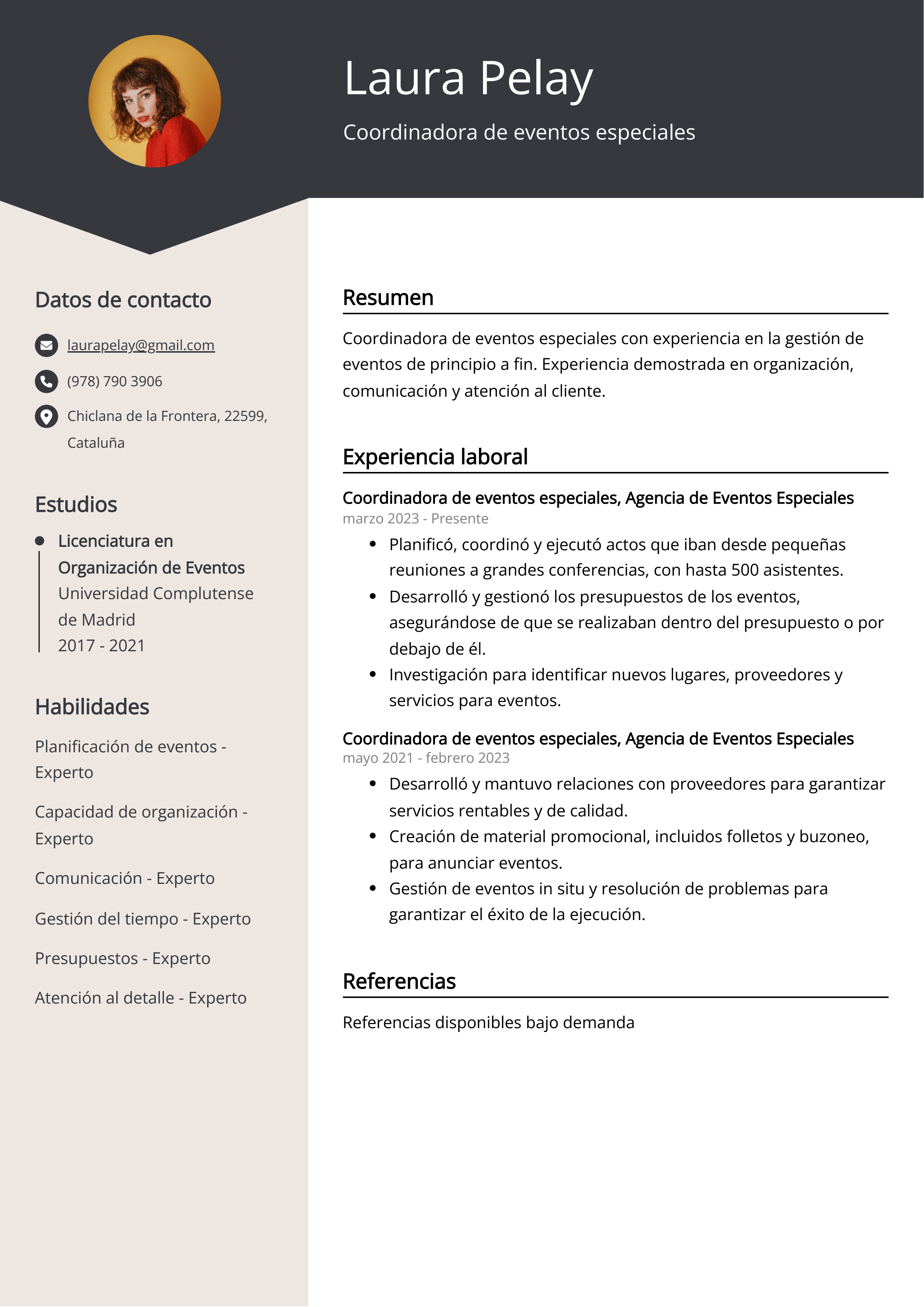 Coordinadora de eventos especiales Ejemplo de CV