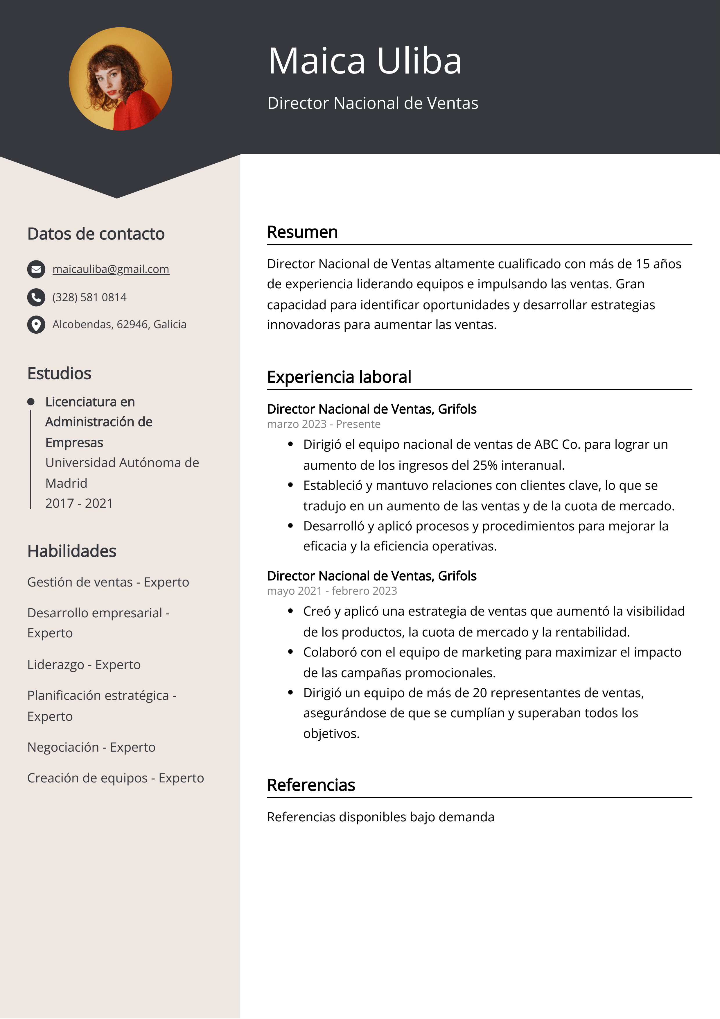 Director Nacional de Ventas Ejemplo de Curriculum Vitae